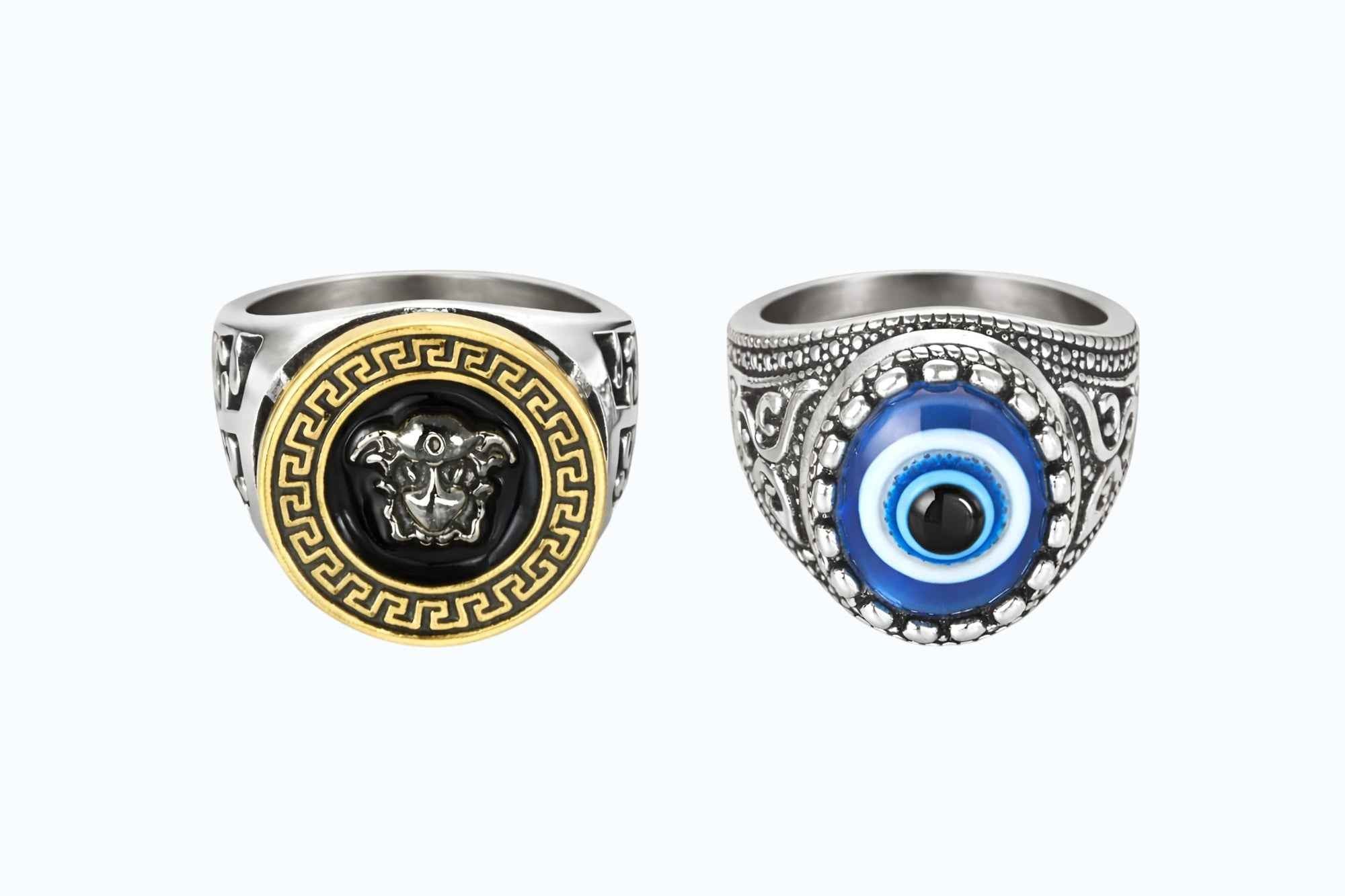 Men Finger Ring Combo Pack of 2 | Medusa Ring & Evil Eye Ring | Stylish Adjustable Rings for Men