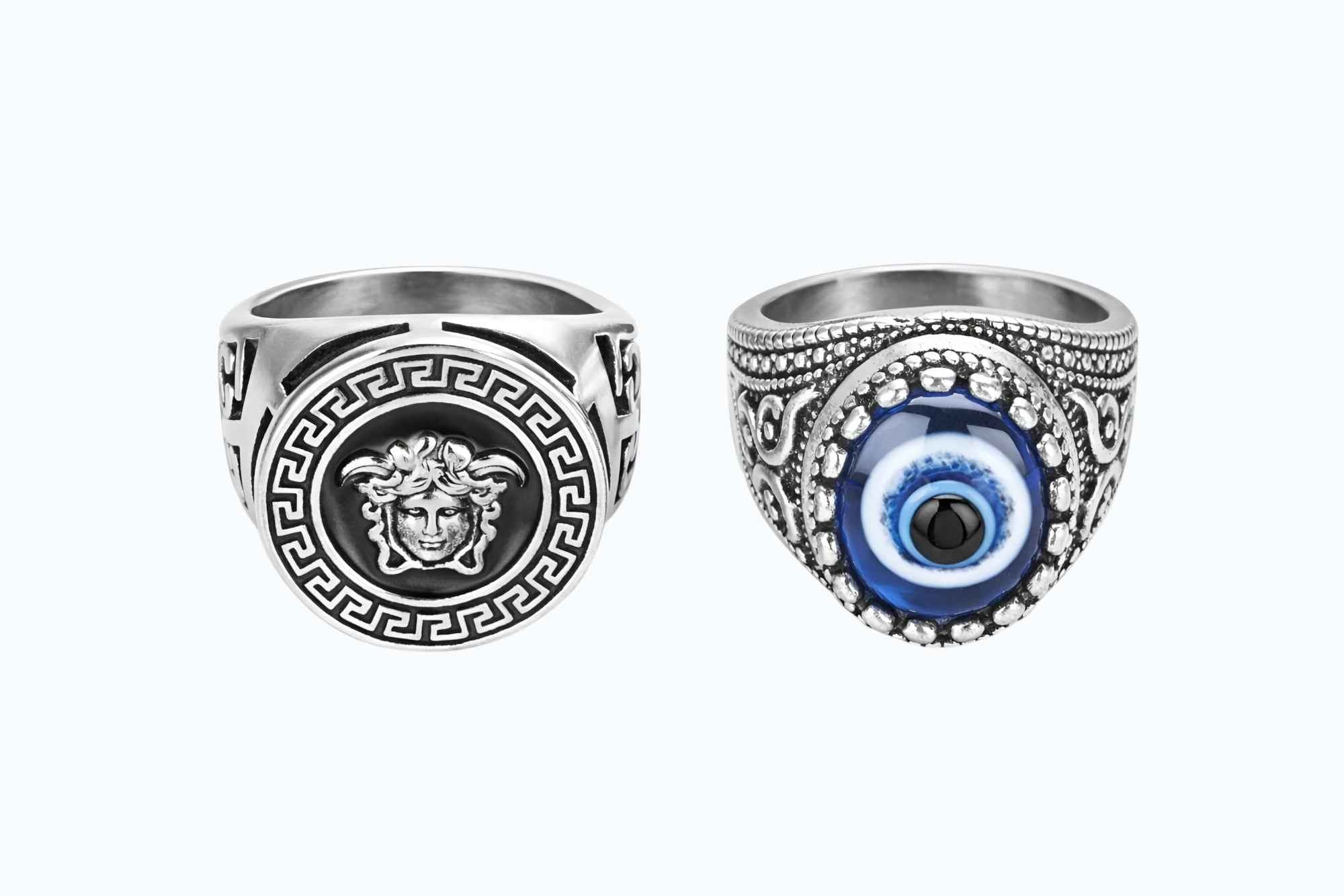 Stylish Men Finger Ring Combo (Pack of 2) – Gold Medusa Design & Silver Evil Eye Ring | Adjustable Stainless Steel Rings for Men