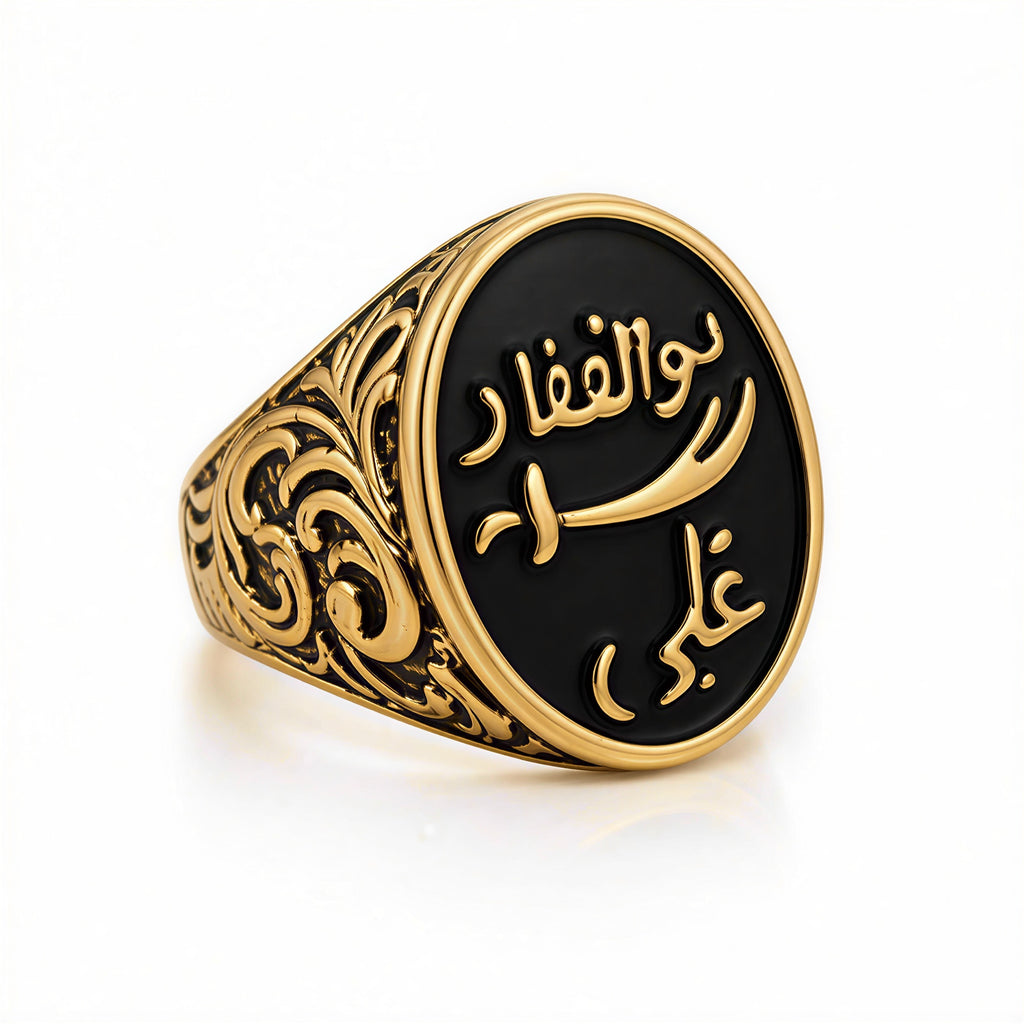 mens arabic gold plated ring black stone signet ring front view
