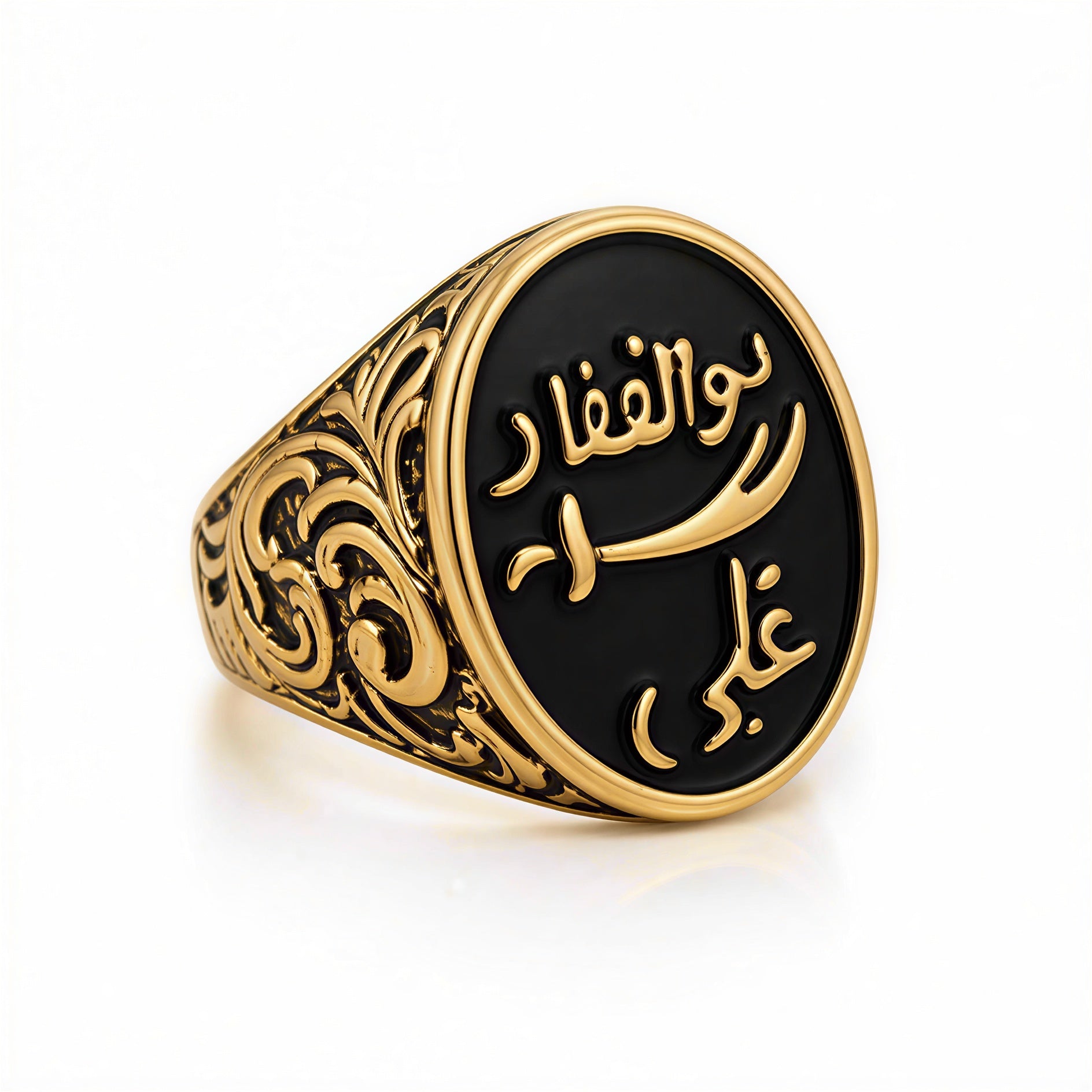 mens arabic gold plated ring black stone signet ring front view
