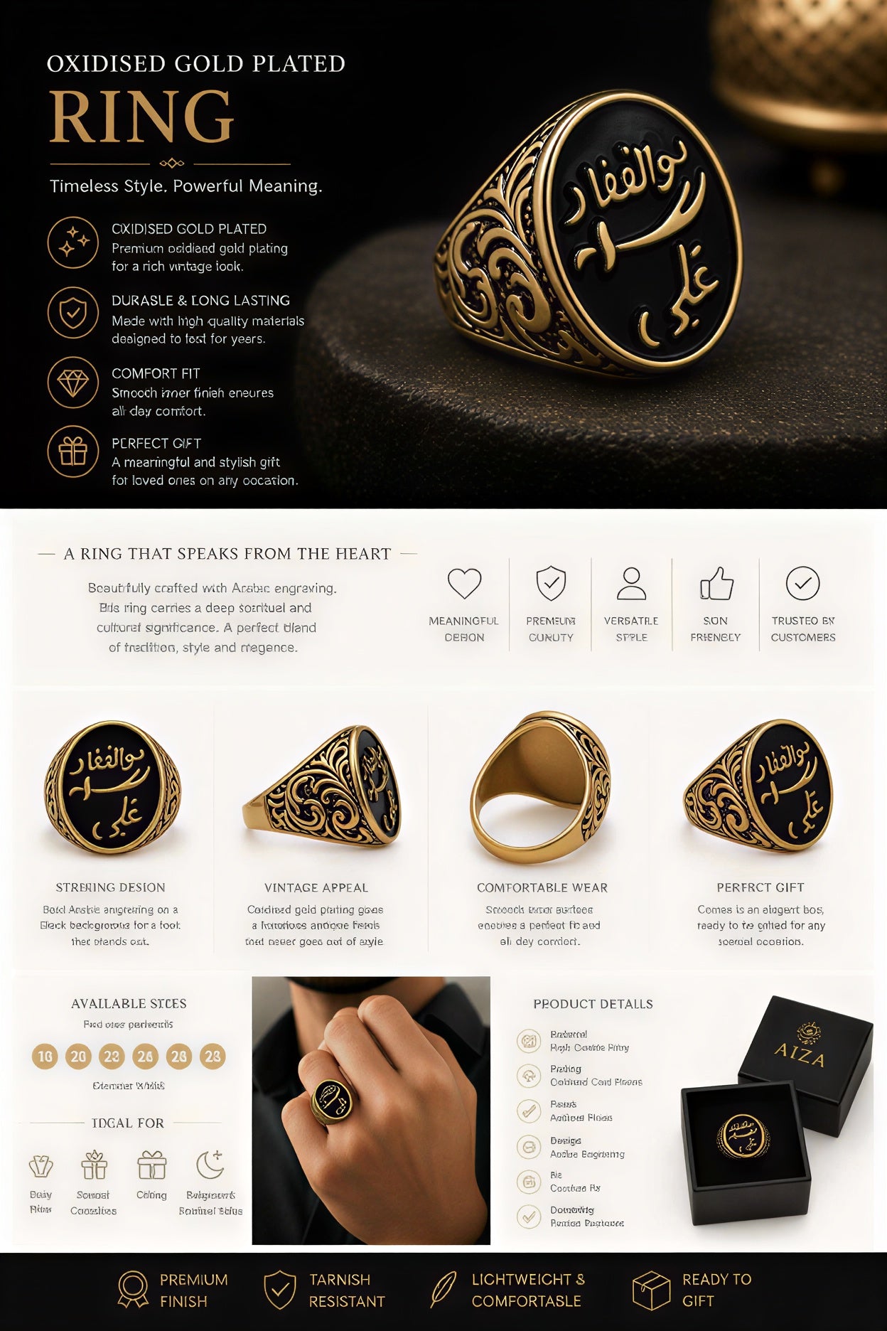 premium mens arabic signet ring gold plated black stone jewellery details
