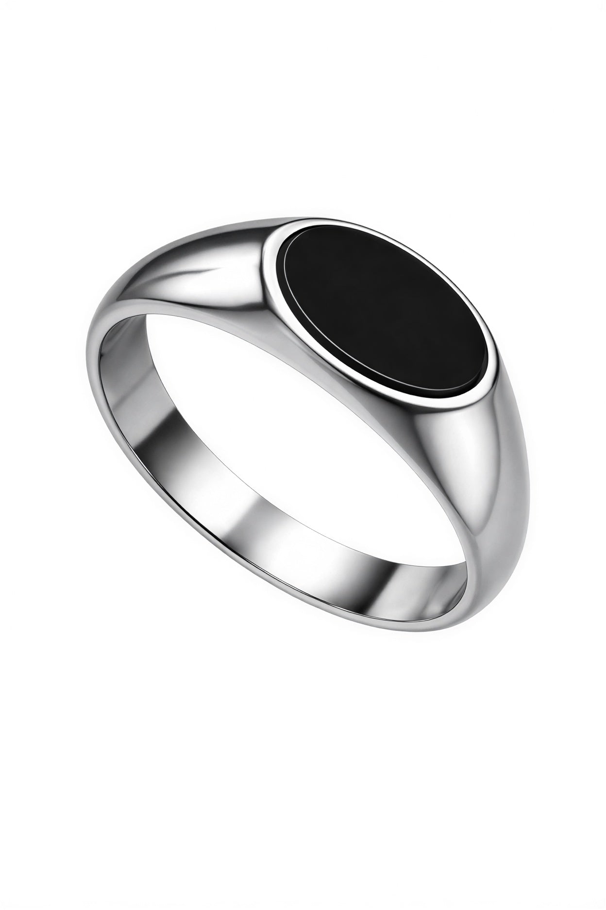 Mens black onyx signet ring stainless steel front view premium polished finger ring