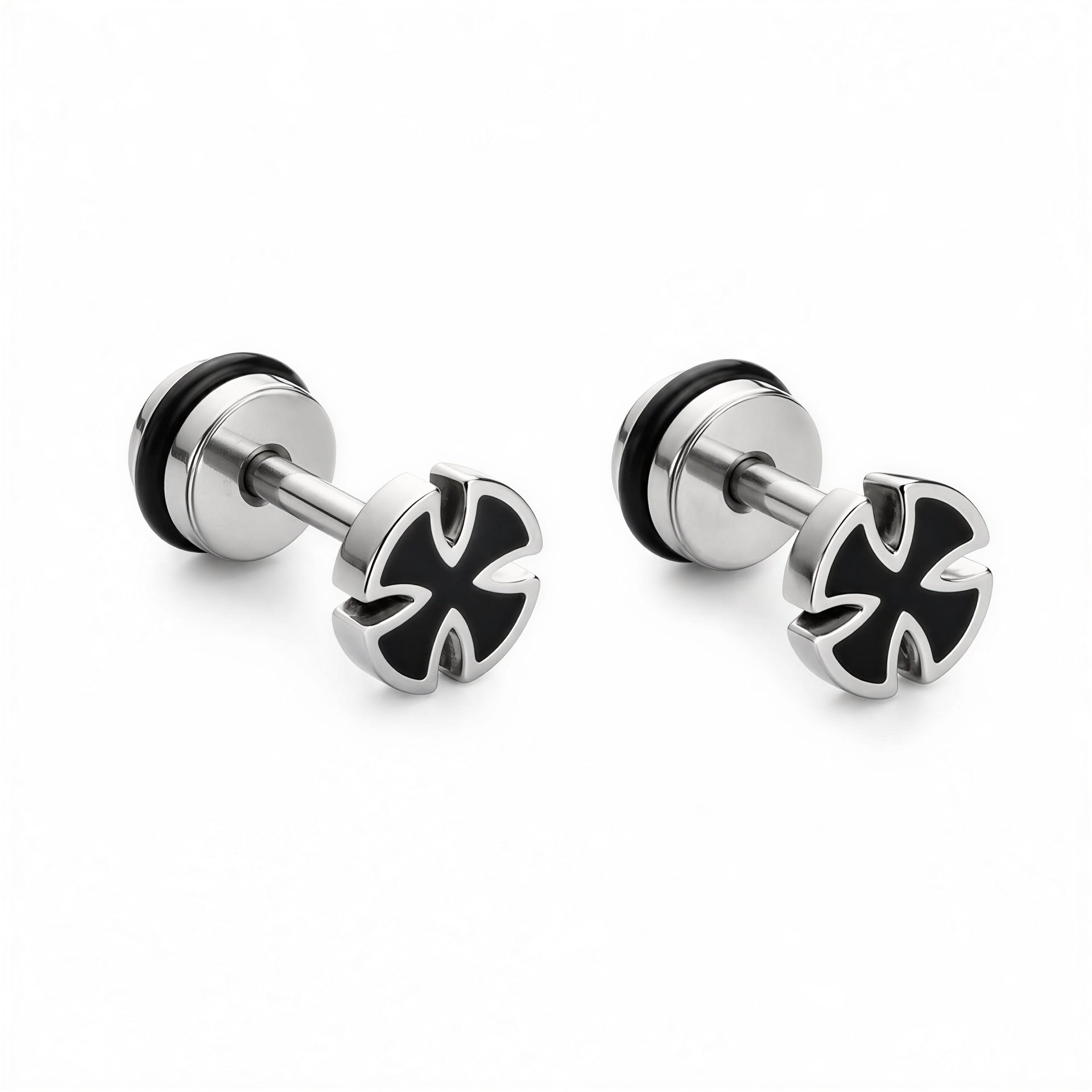 Mens black stud earrings stainless steel product clean background screw back
