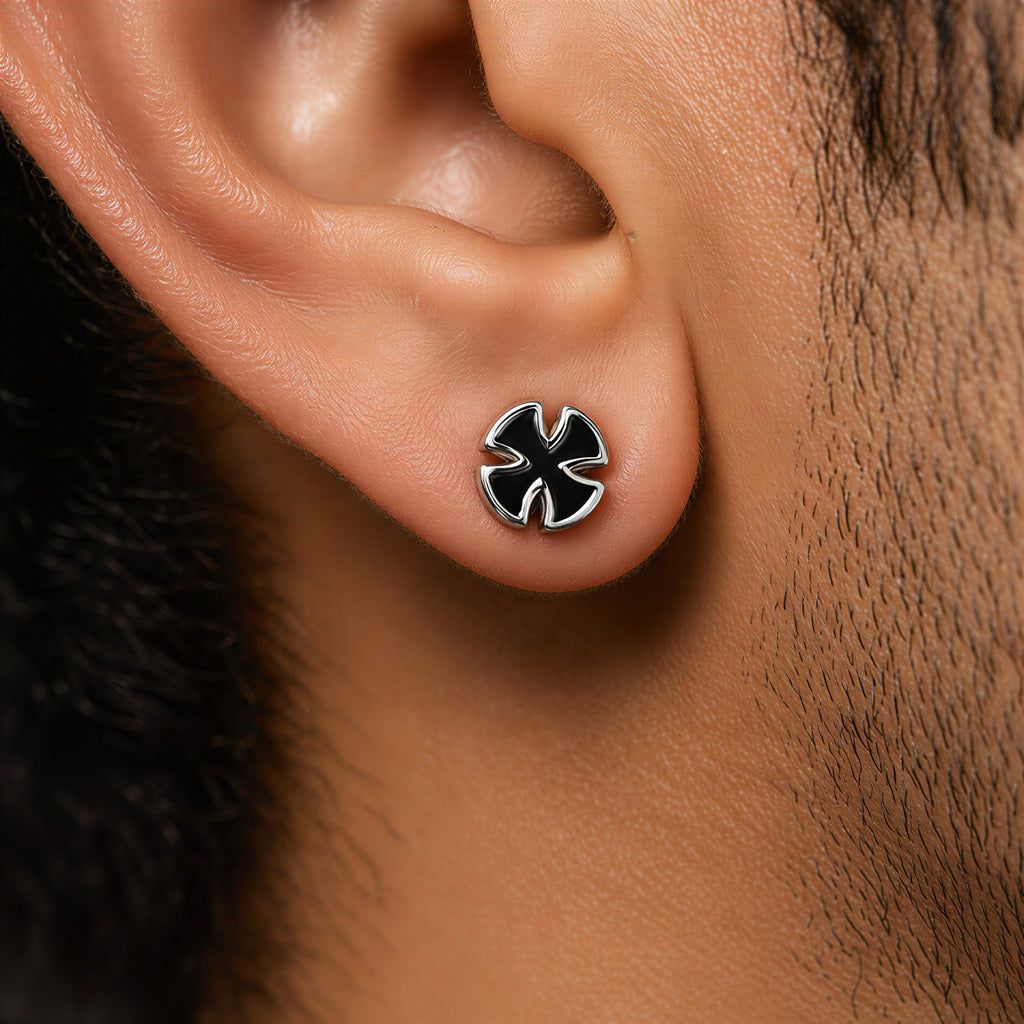 Mens black stainless steel stud earring close up ear wearing image