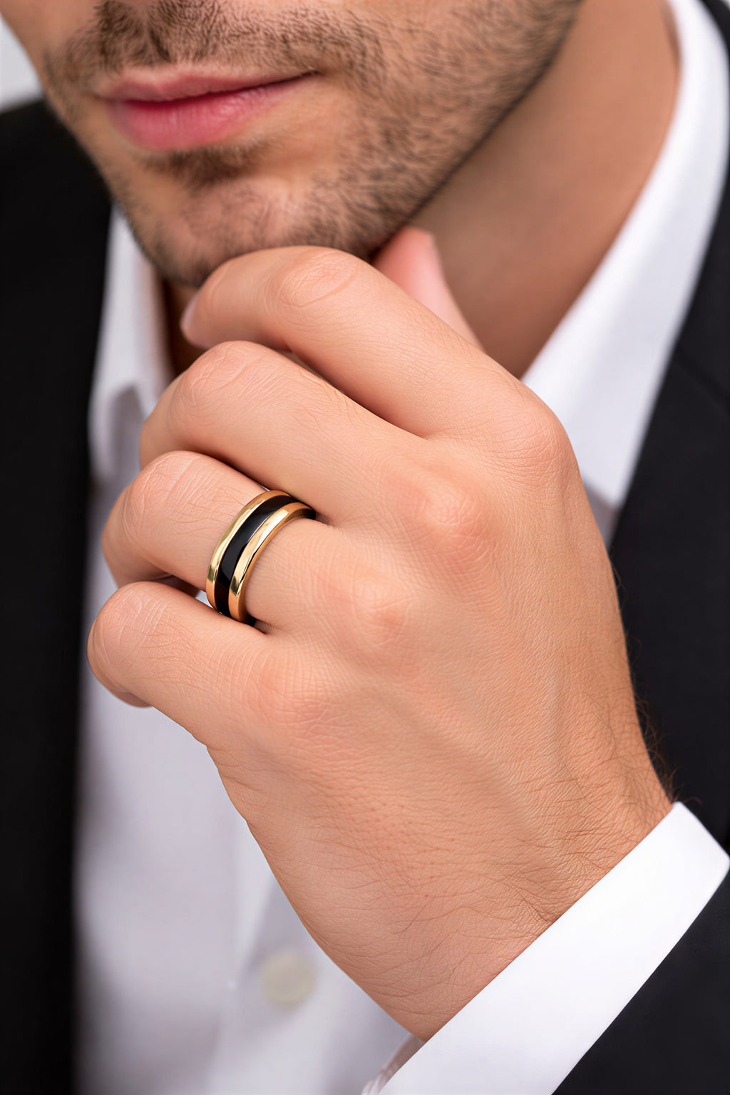 Men's stainless steel gold finger ring with black inlay, brushed finish, waterproof, tarnish-resistant, hypoallergenic, stylish band.