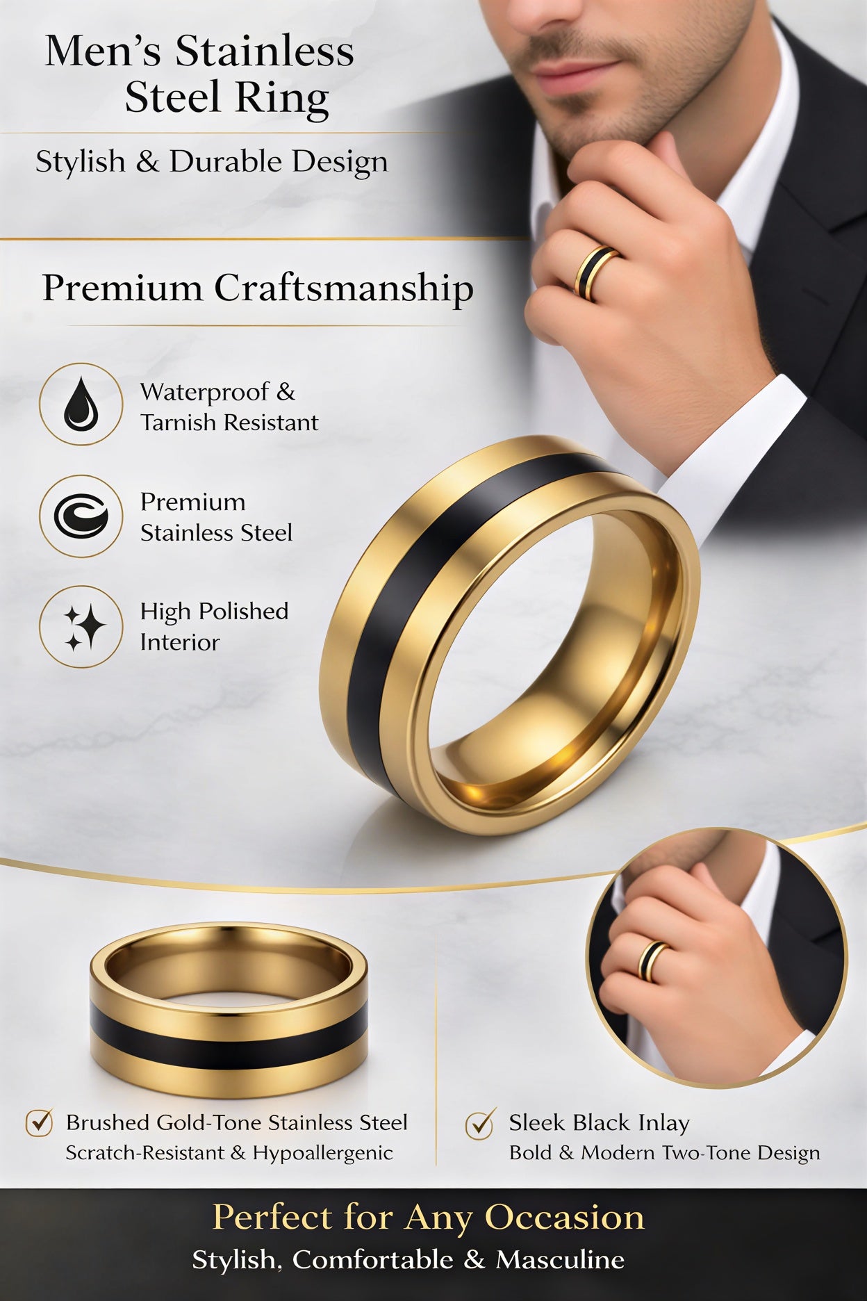 Men’s gold and black stainless steel finger ring with brushed finish, waterproof and tarnish-resistant, hypoallergenic stylish band.