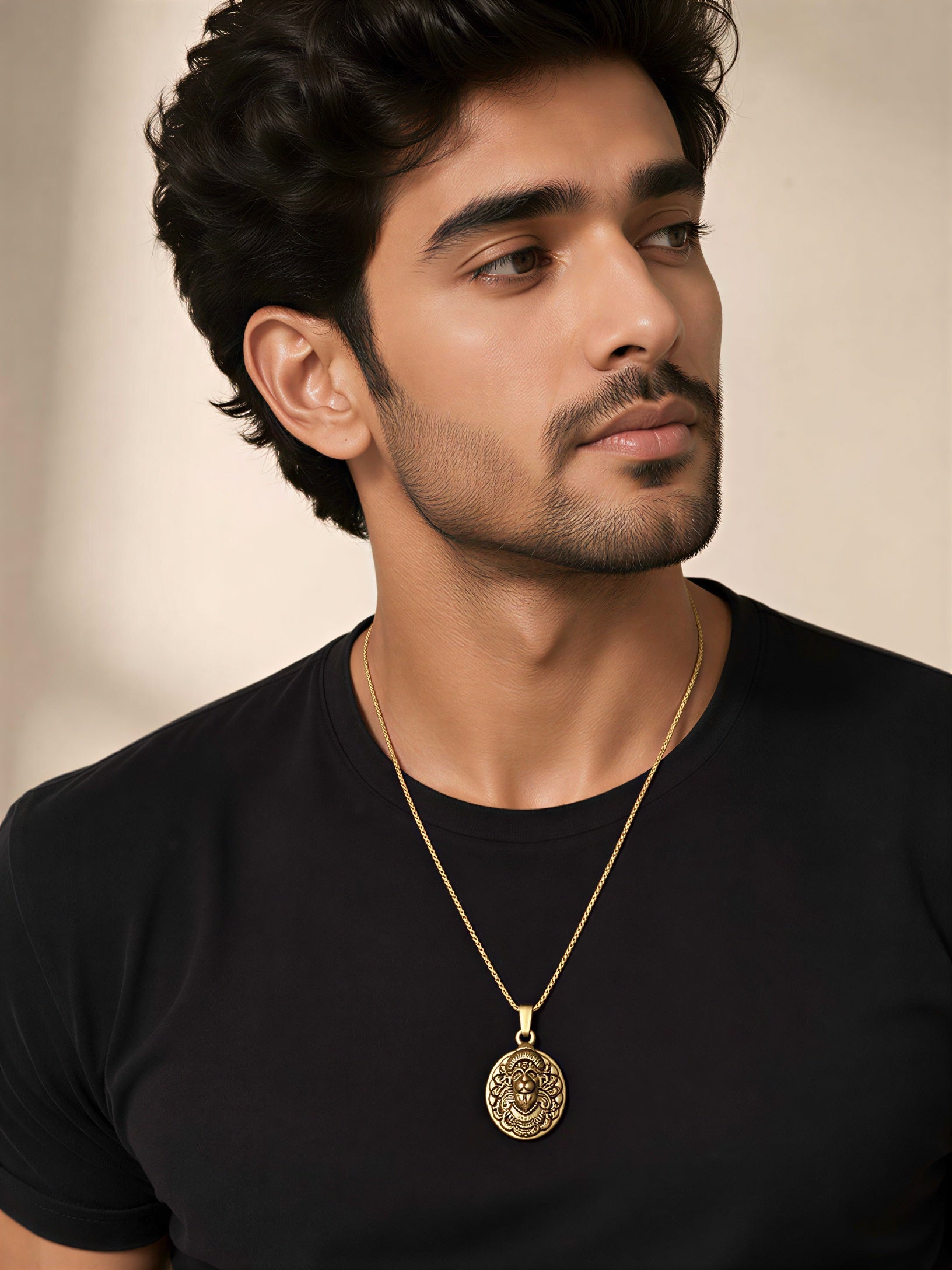 Stylish Male Model Wearing Gold Plated Hanuman Ji Pendant Chain Unisex Fashion Jewellery