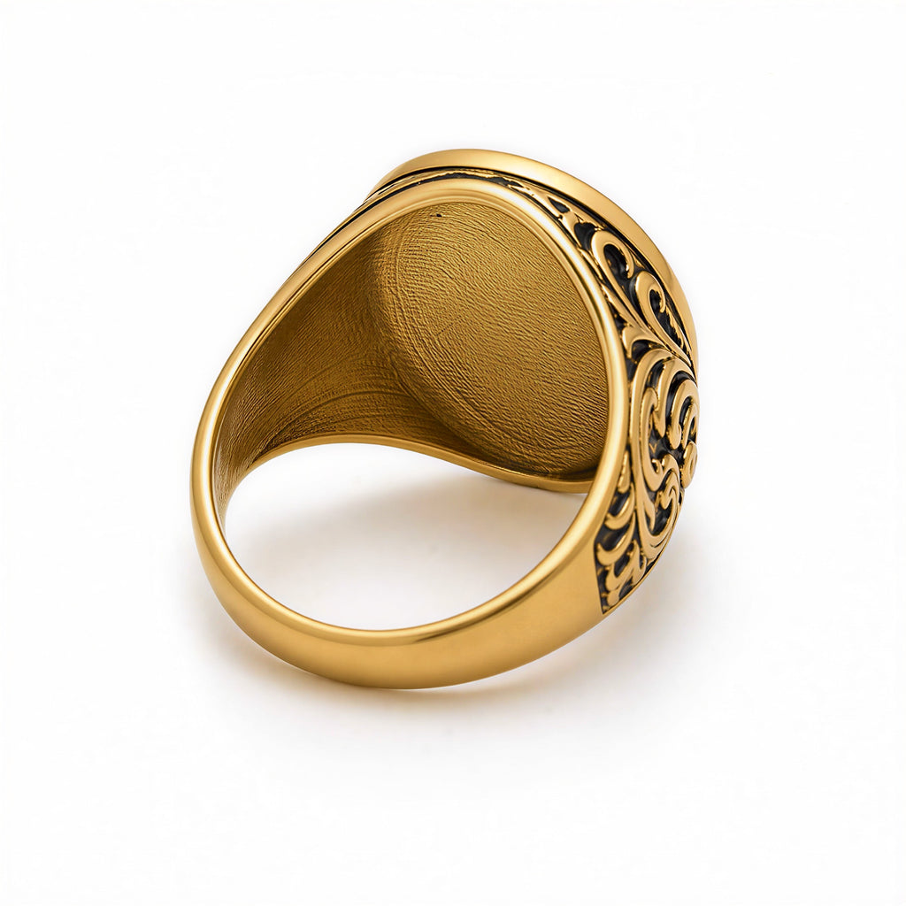 mens gold plated ring back side design engraved detail view
