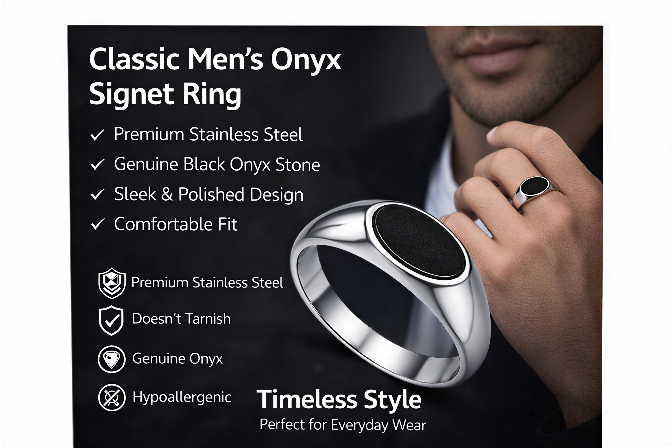Mens black onyx signet ring features stainless steel anti tarnish hypoallergenic jewelry