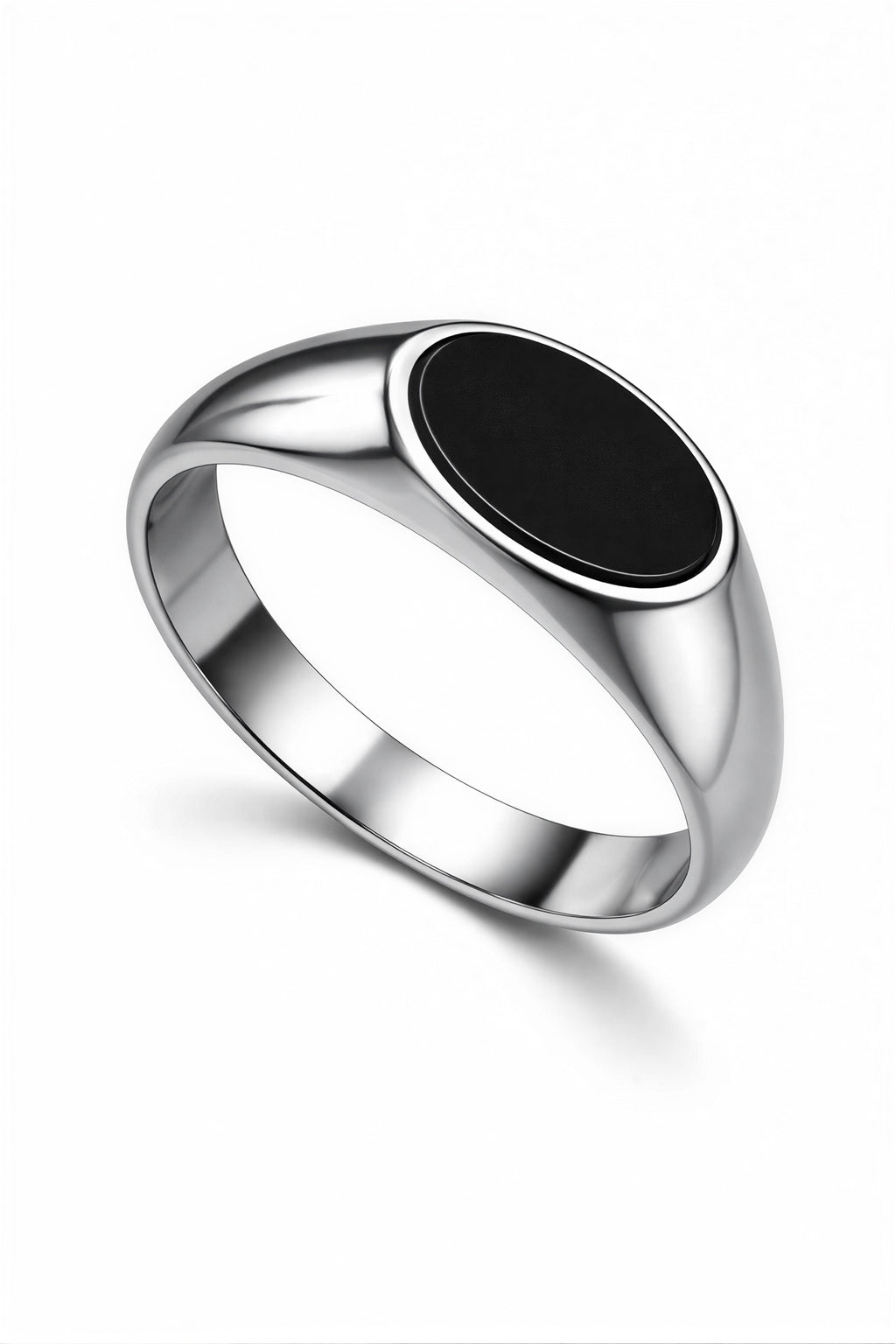 Unisex stainless steel black onyx ring angled view stylish signet ring for men and women