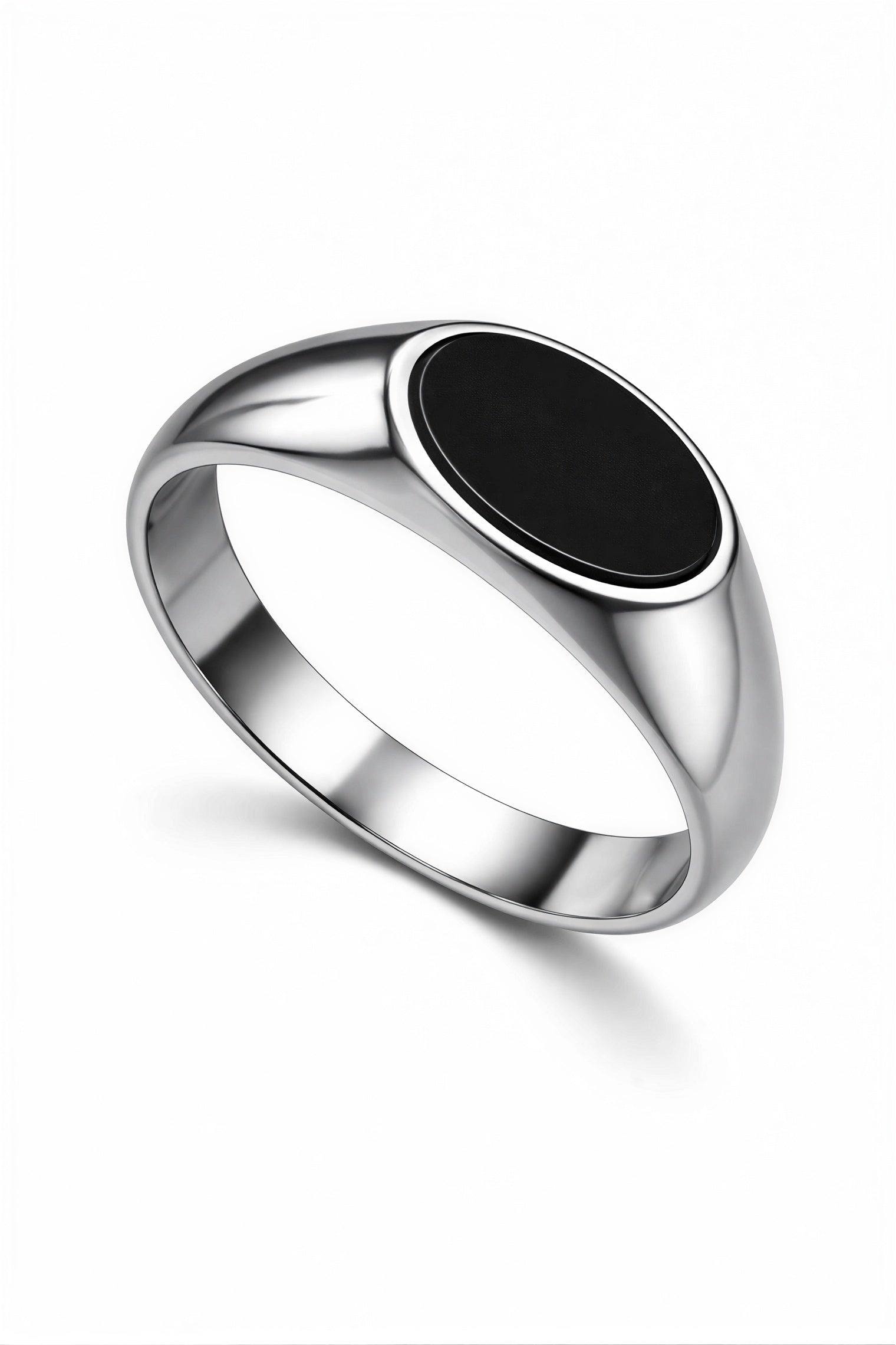 Unisex stainless steel black onyx ring angled view stylish signet ring for men and women