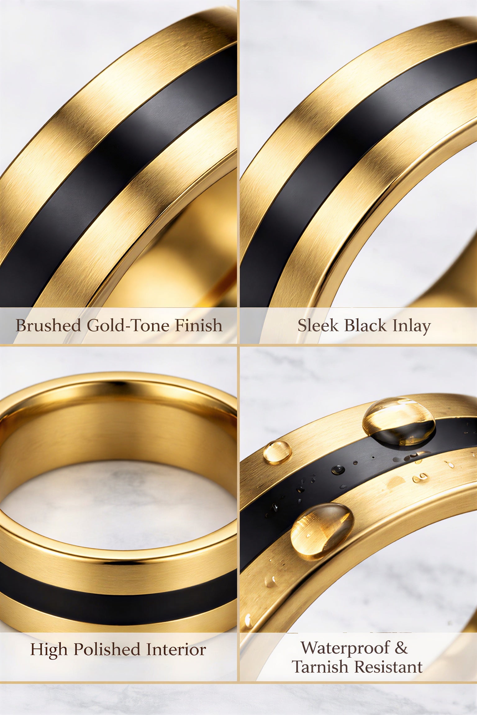 Men’s stainless steel gold finger ring with black inlay, brushed finish, waterproof, tarnish resistant, hypoallergenic stylish band ring