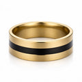 Men's stainless steel gold finger ring with black inlay, brushed finish, waterproof, tarnish-resistant, hypoallergenic stylish band.