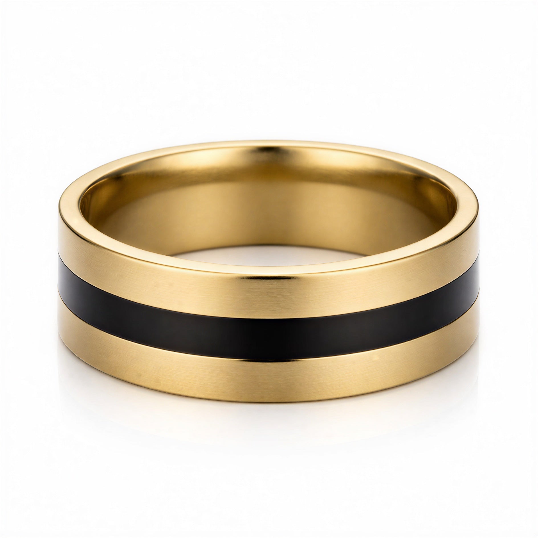 Men's stainless steel gold finger ring with black inlay, brushed finish, waterproof, tarnish-resistant, hypoallergenic stylish band.