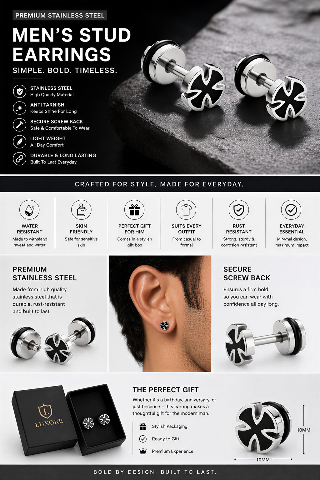Mens stud earrings stainless steel anti tarnish lightweight features image