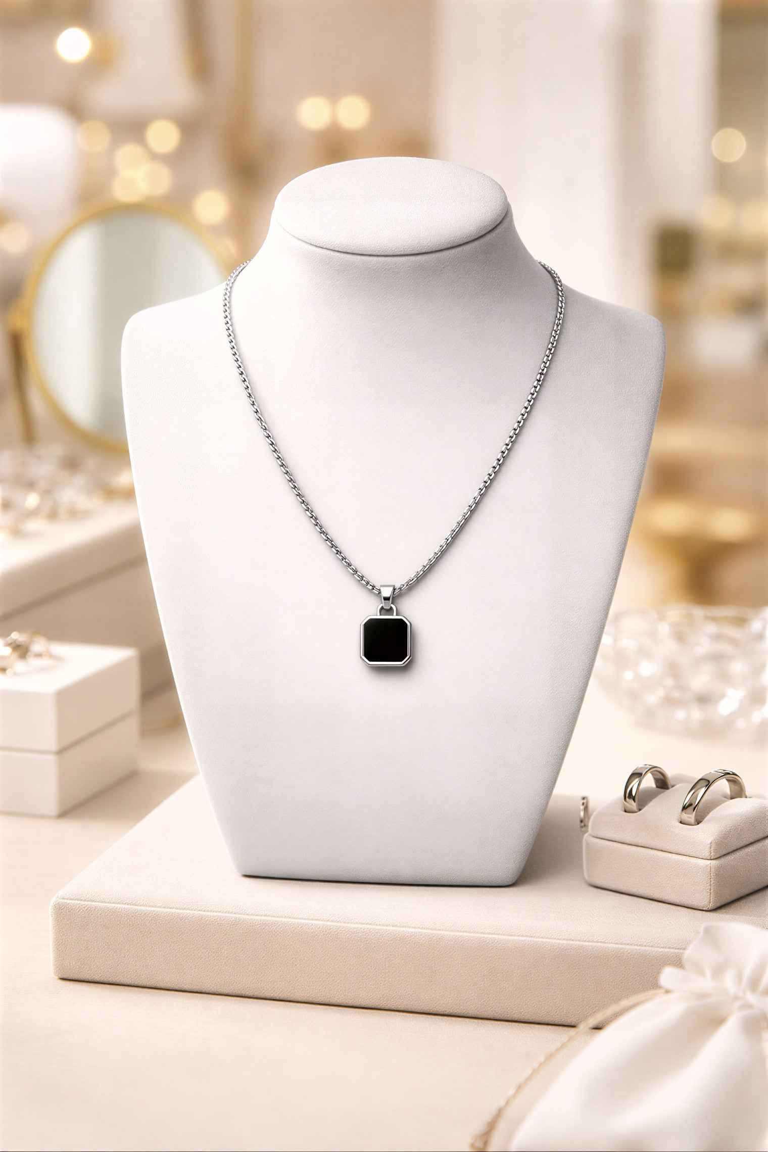 Minimalist Black Square Pendant Necklace – Stainless Steel Chain | Modern Unisex Jewelry
