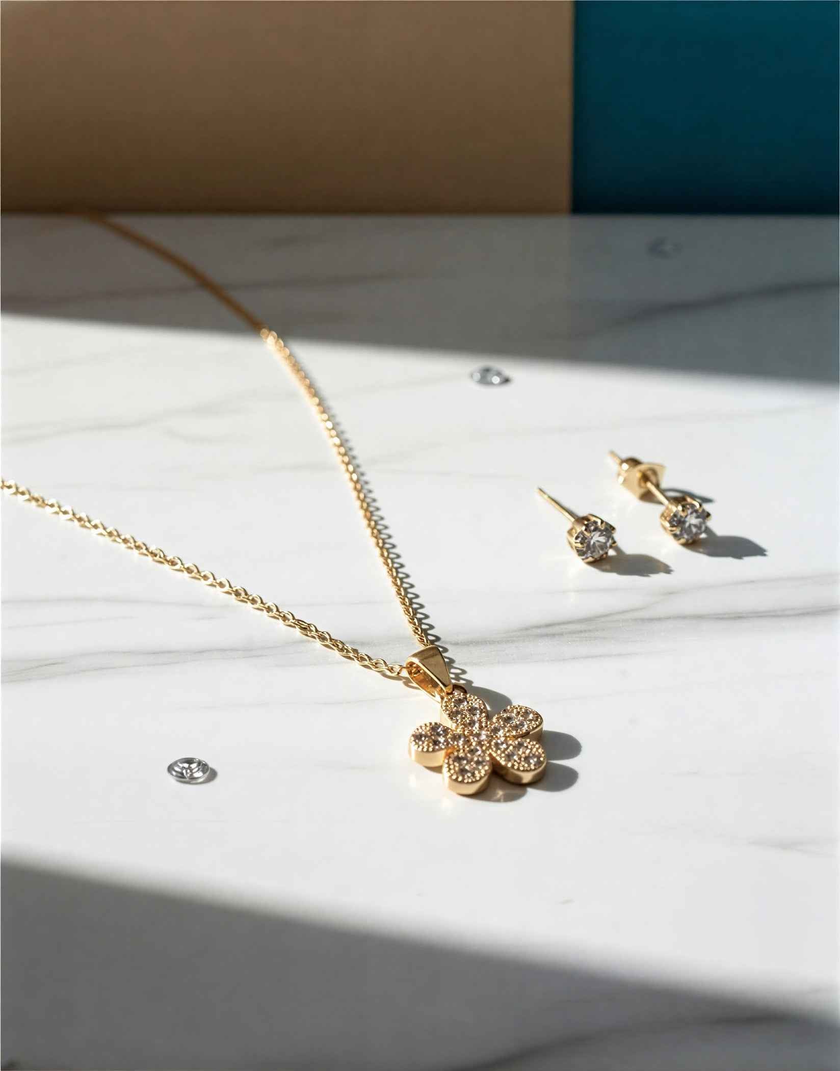 Stylish Gold Plated Flower Necklace and Earring Set for Women | Necklace Earring Set | Elegant Pendant Necklace with Stud Earrings | Gift for Her | Party & Daily Wear Jewellery Set