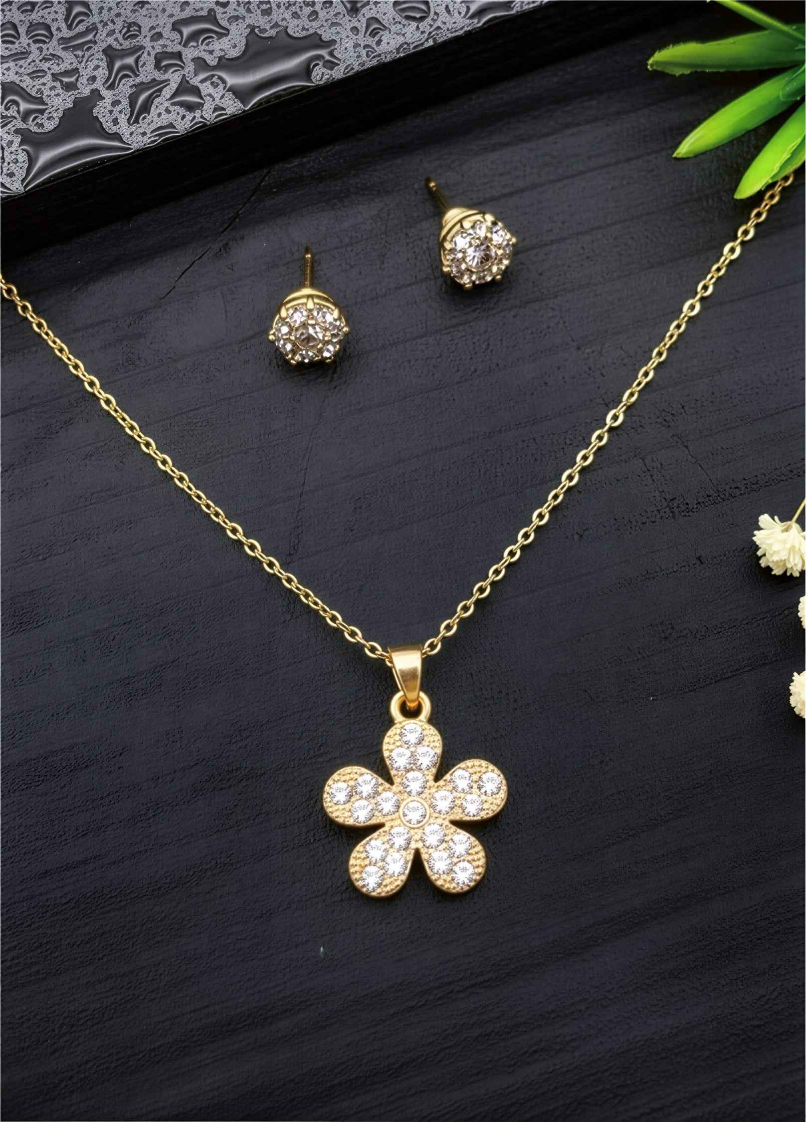 Stylish Gold Plated Flower Necklace and Earring Set for Women | Necklace Earring Set | Elegant Pendant Necklace with Stud Earrings | Gift for Her | Party & Daily Wear Jewellery Set