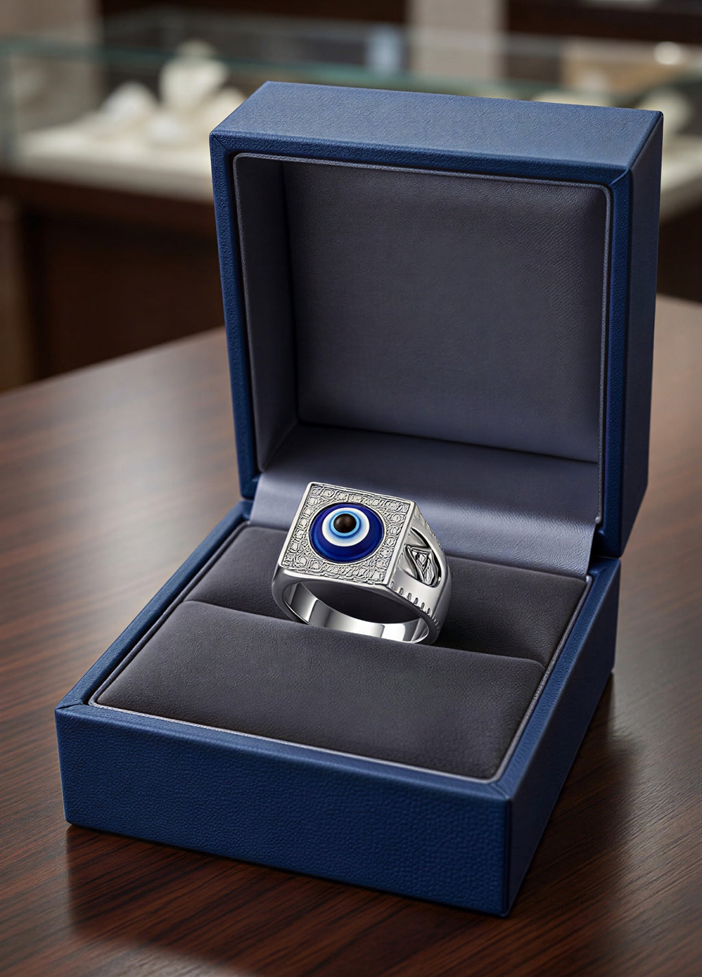 Luxury gift box packaging of evil eye ring for men, blue nazar stainless steel ring perfect gift for men