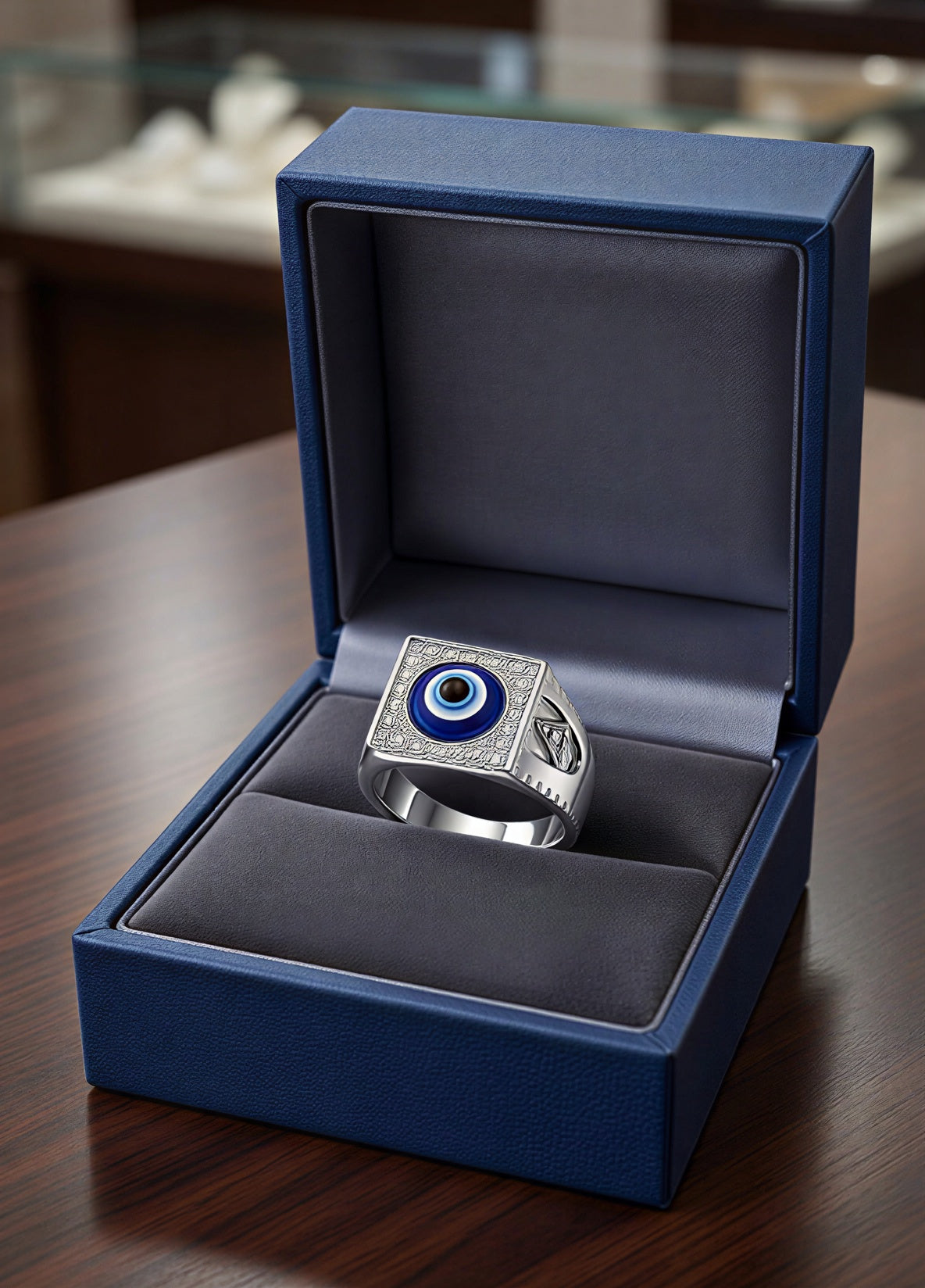 Luxury gift box packaging of evil eye ring for men, blue nazar stainless steel ring perfect gift for men