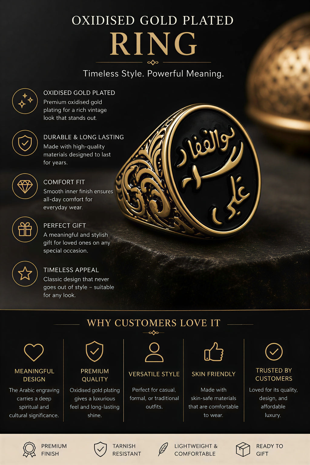 oxidised gold plated mens arabic ring features durable stylish jewellery
