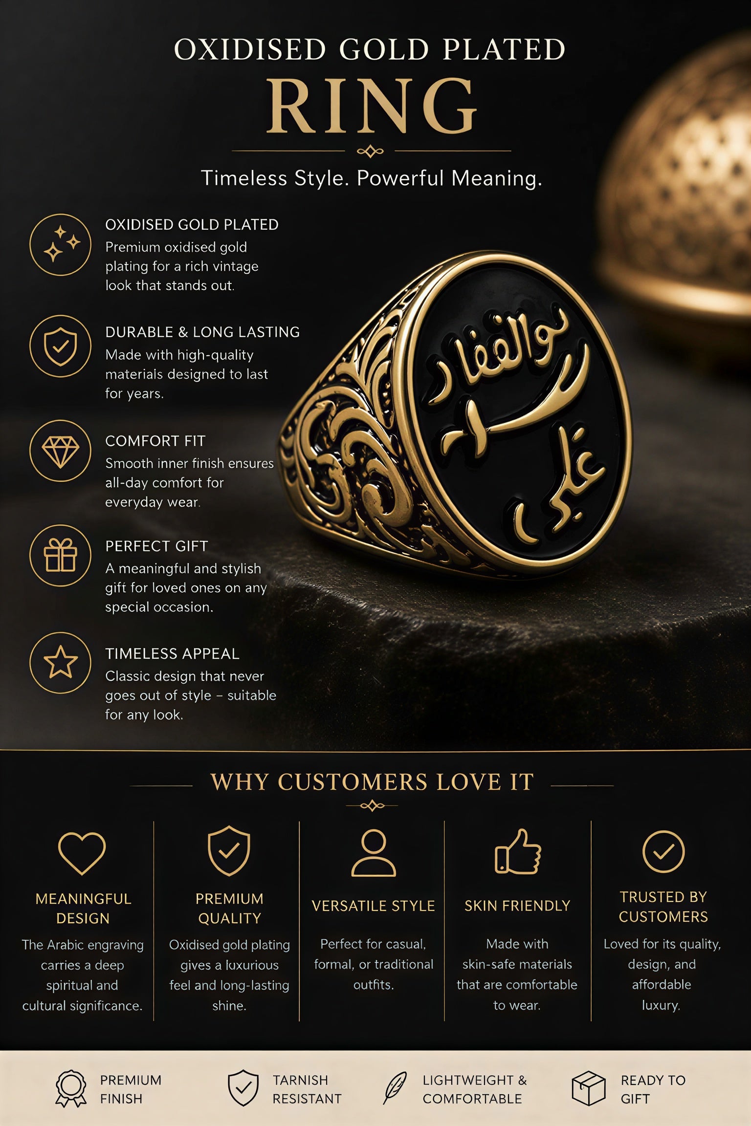 oxidised gold plated mens arabic ring features durable stylish jewellery
