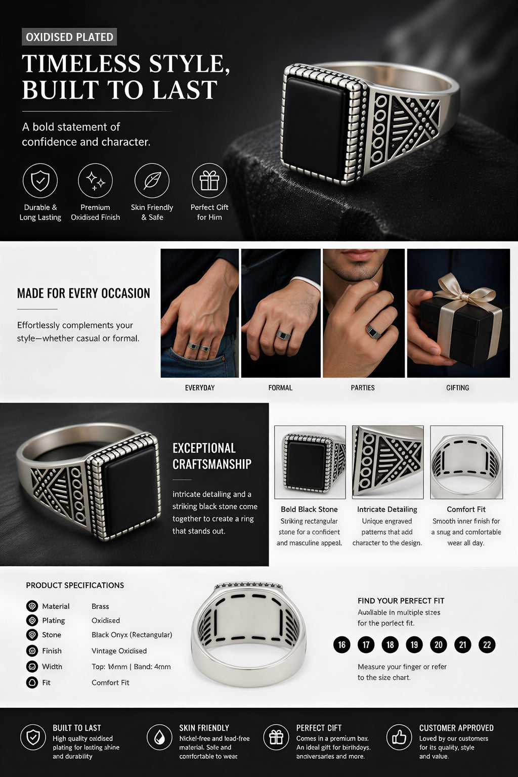 Amazon A+ content image of premium oxidised black stone signet ring highlighting stylish vintage design
