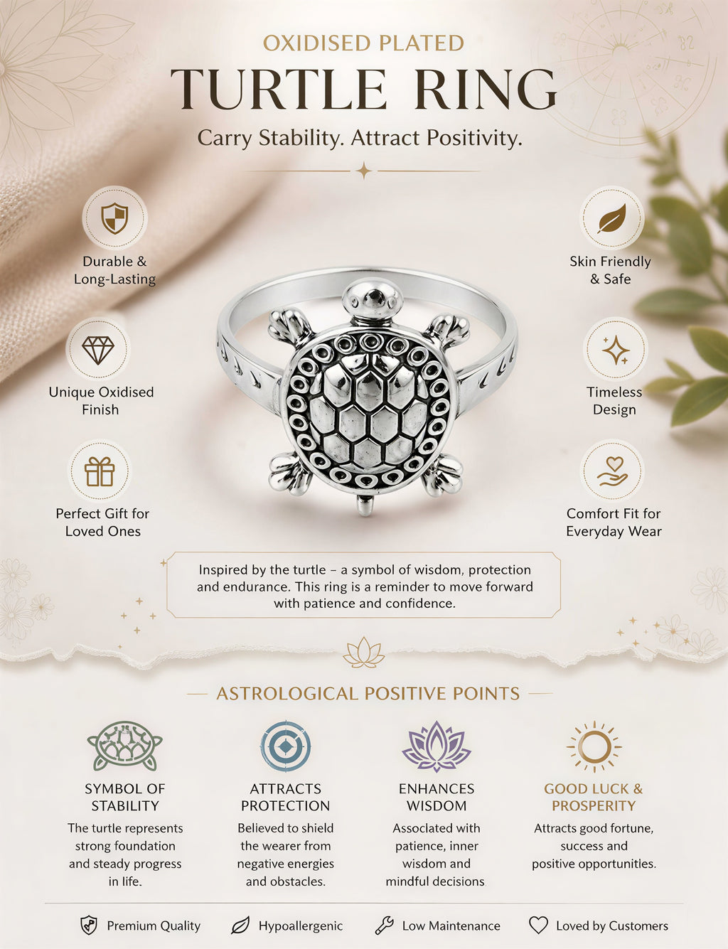 Oxidised turtle ring benefits stability protection wisdom silver plated unisex ring features