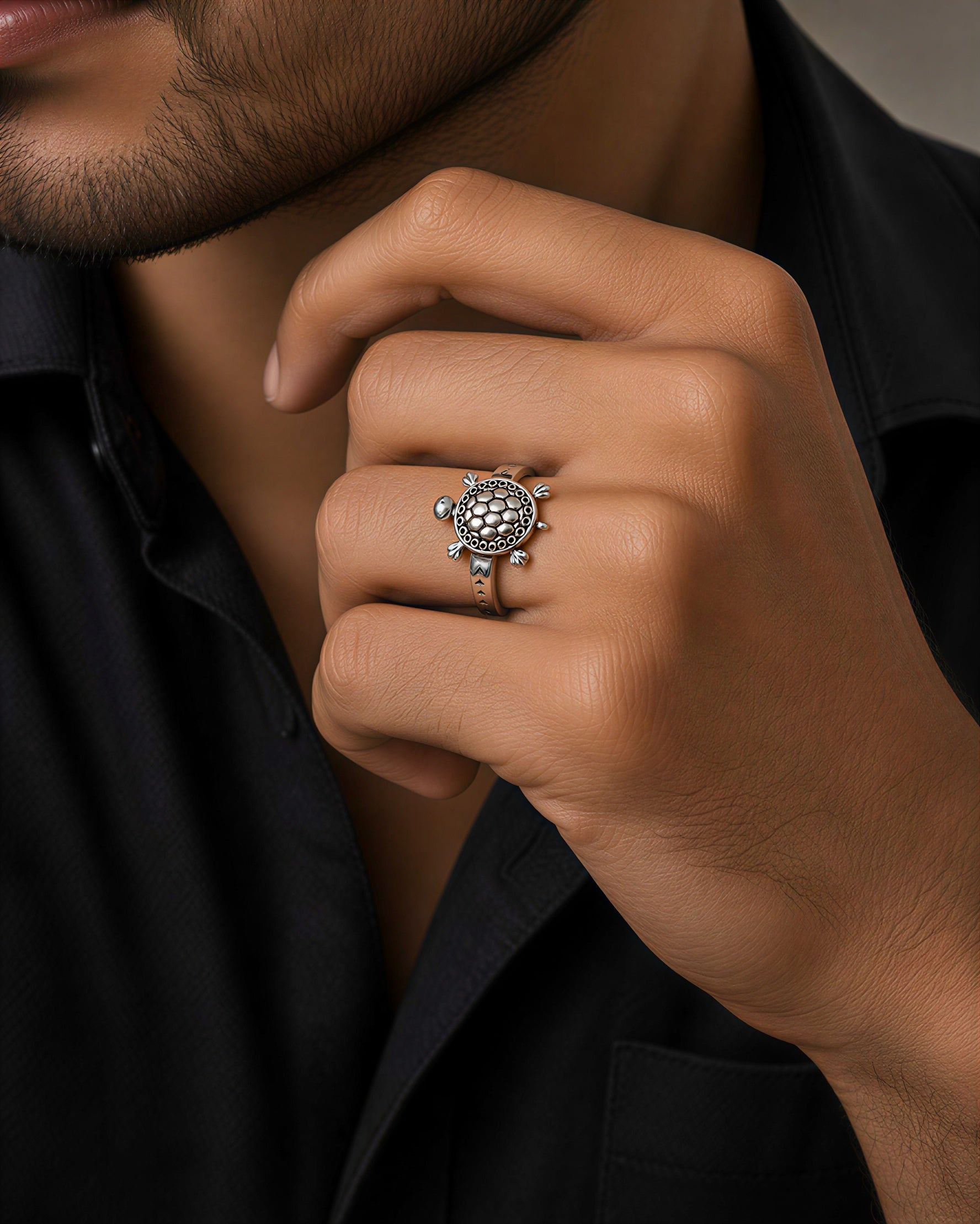 Oxidised turtle ring for men worn on hand stylish unisex silver plated adjustable ring