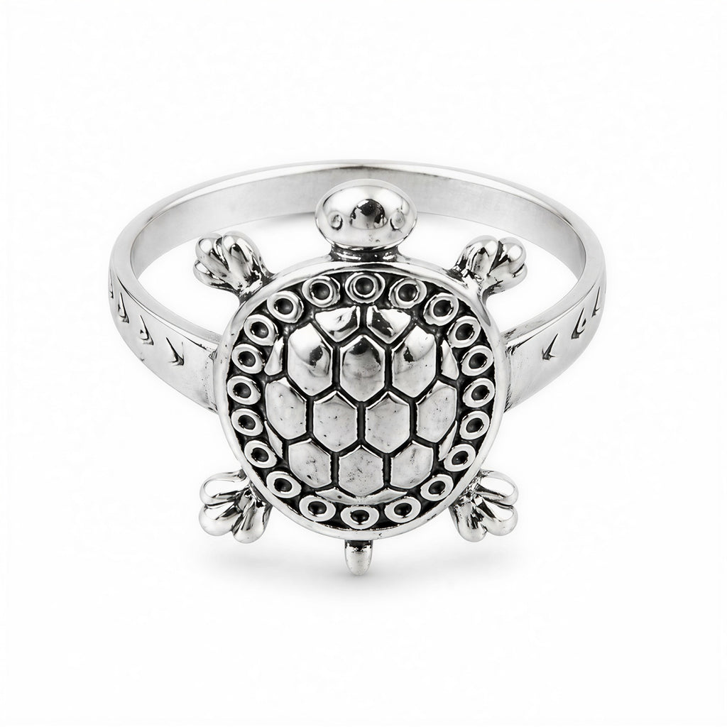 Close up oxidised turtle ring silver plated adjustable unisex ring detailed turtle design