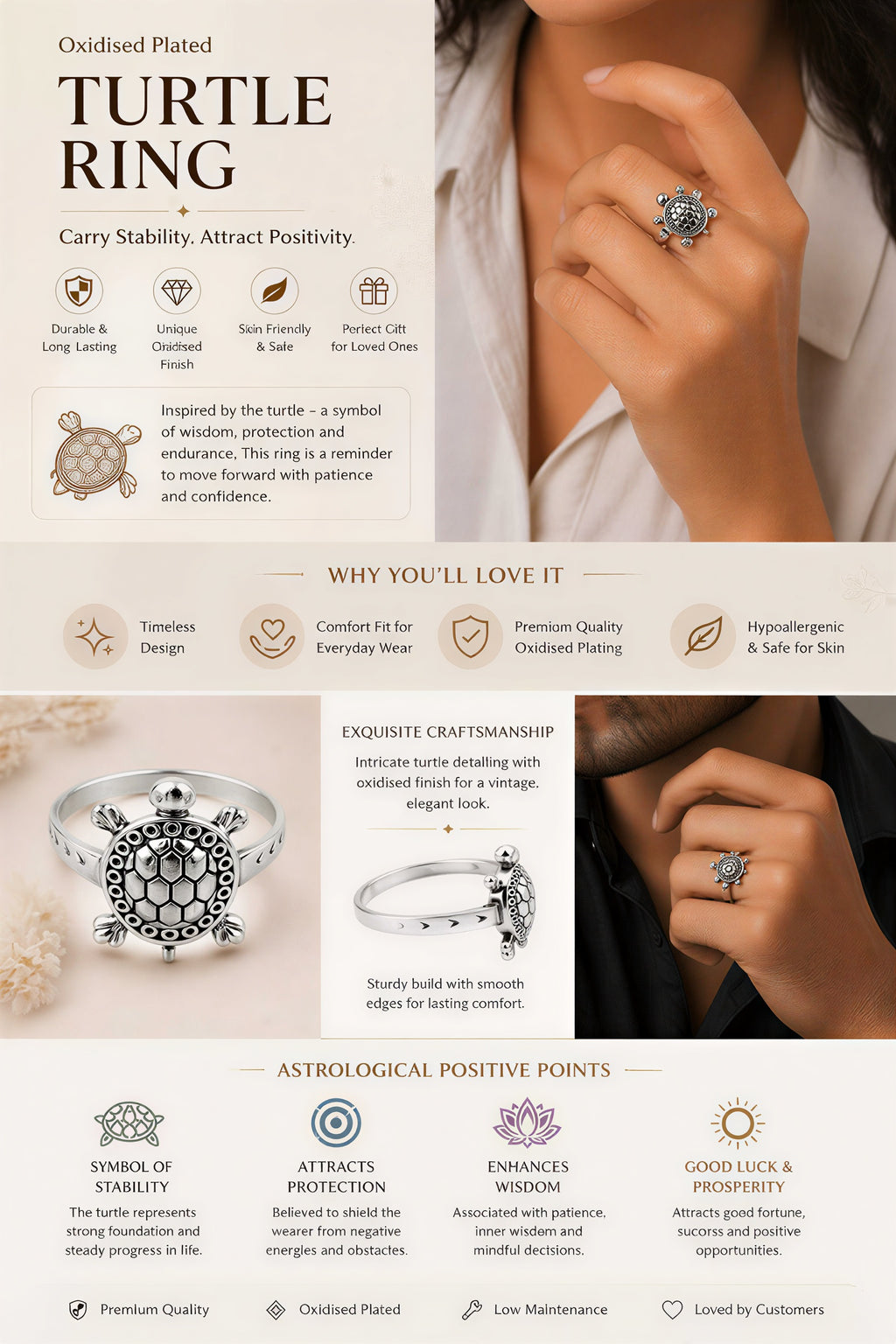 Unisex oxidised turtle ring lifestyle image vintage silver plated ring fashion jewelry