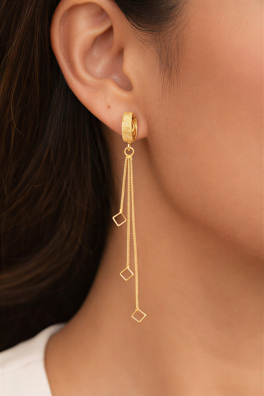 Close-up of VAYNORA JEWELS Gold Plated Long Chain Tassel Earrings—trendy dangle drops for women and girls.