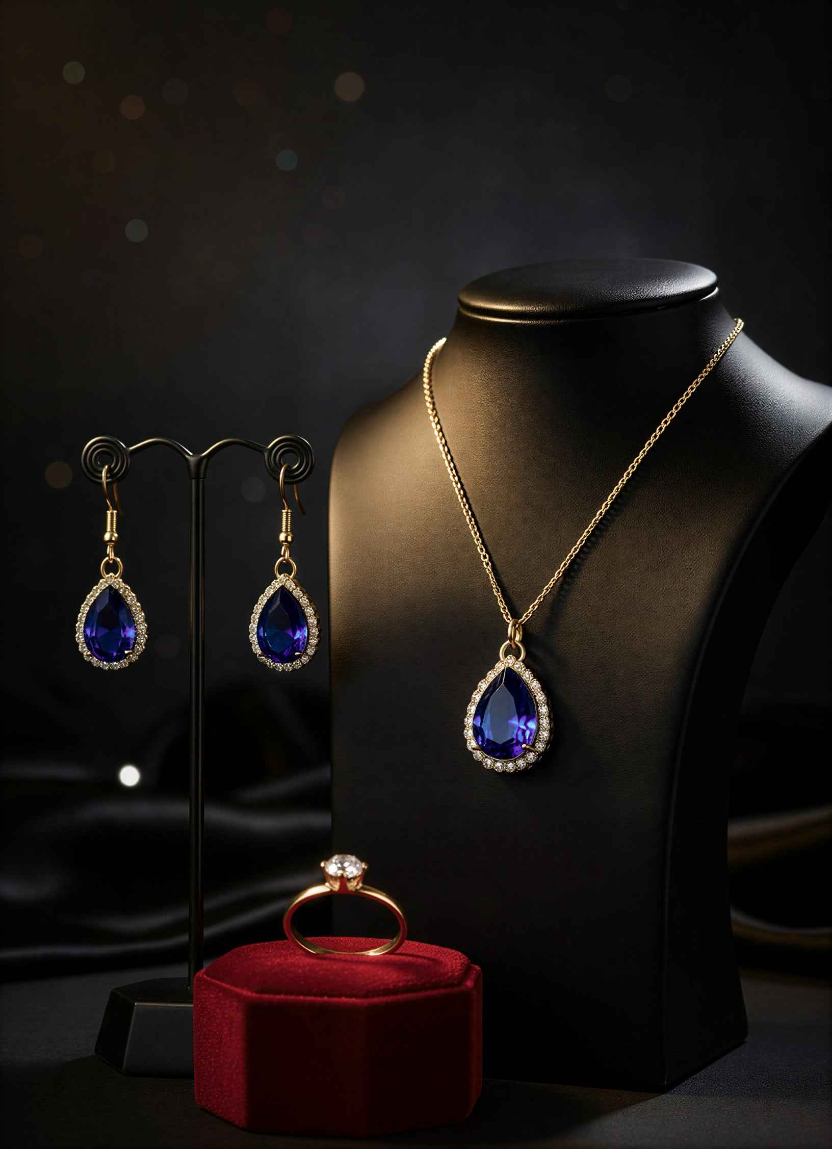 Royal Blue Teardrop Sapphire Crystal Jewelry Set – Gold Necklace & Earrings with Halo Rhinestones