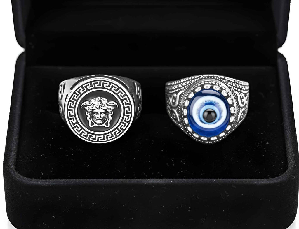 Stylish Men Finger Ring Combo (Pack of 2) – Gold Medusa Design & Silver Evil Eye Ring | Adjustable Stainless Steel Rings for Men