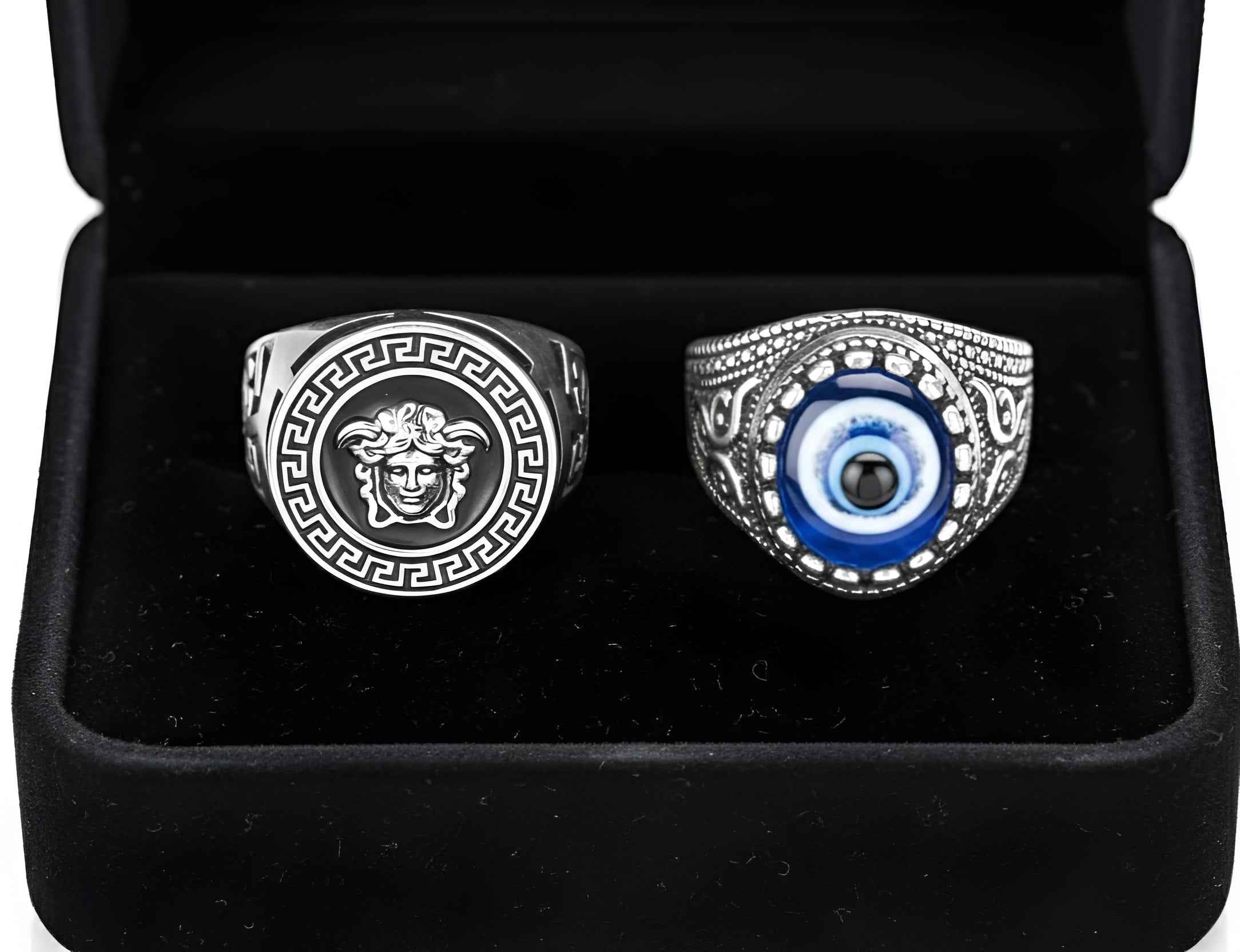 Stylish Men Finger Ring Combo (Pack of 2) – Gold Medusa Design & Silver Evil Eye Ring | Adjustable Stainless Steel Rings for Men