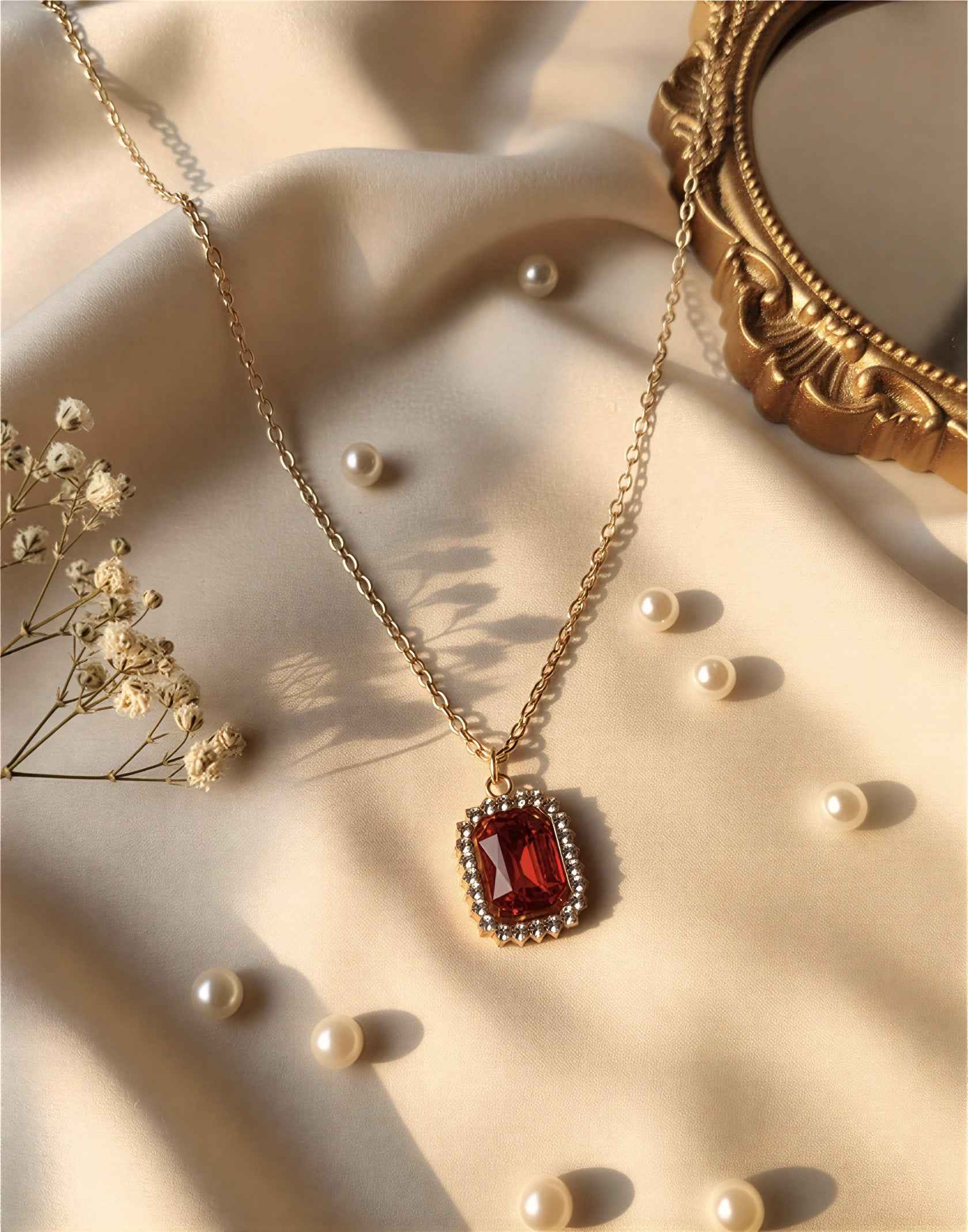 Vaynora Jewels Gold Plated Emerald-Cut Ruby Pendant & Floral Drop Earring Set for Women