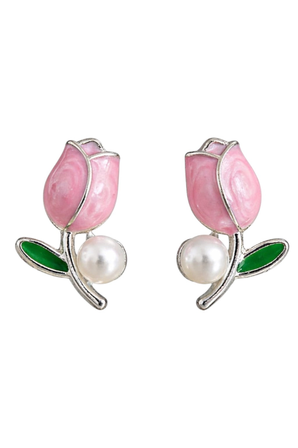 Pink Tulip Enamel & Faux Pearl Stud Earrings - VAYNORA JEWELS