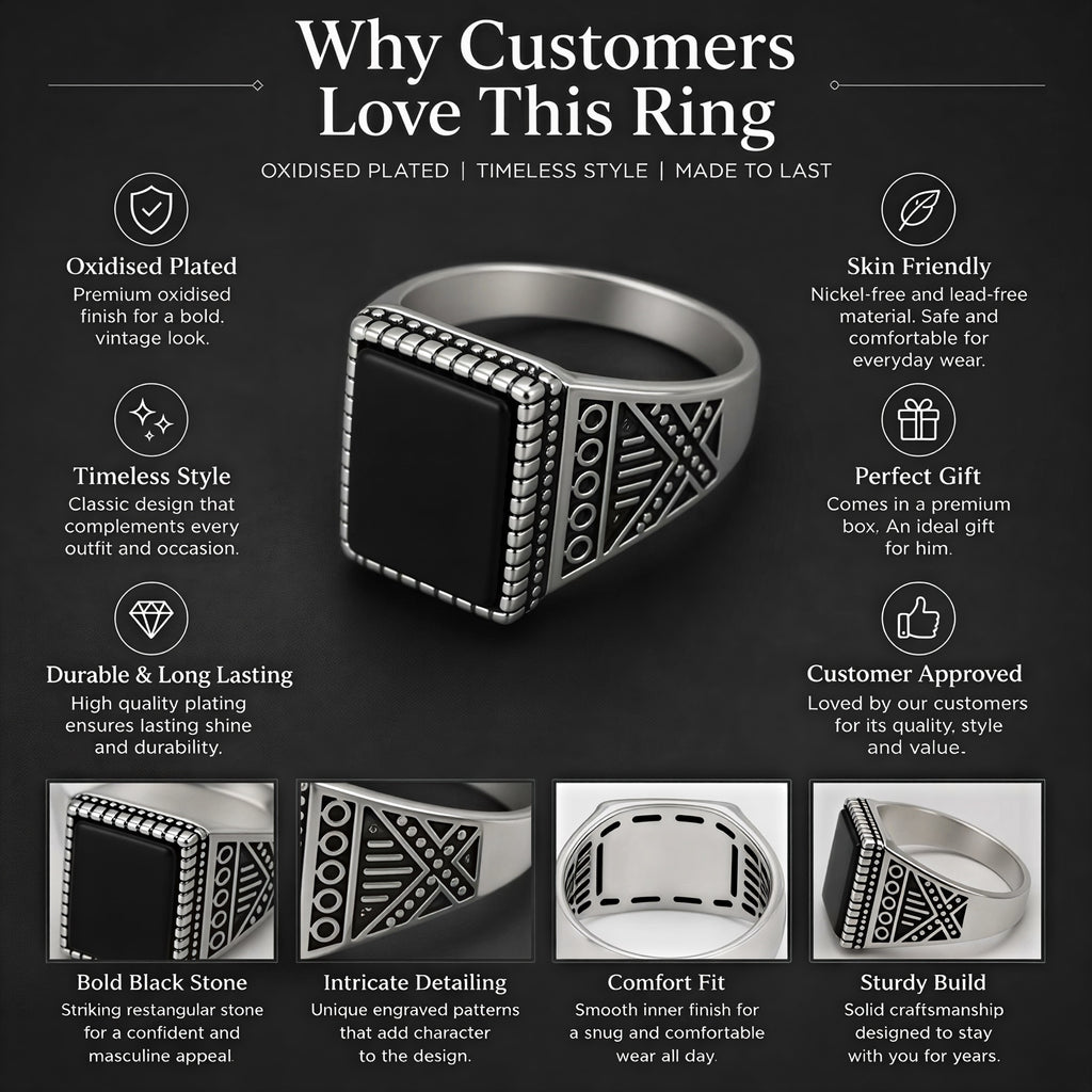 Lifestyle product image of trendy oxidised mens signet ring with black stone for casual and party wear