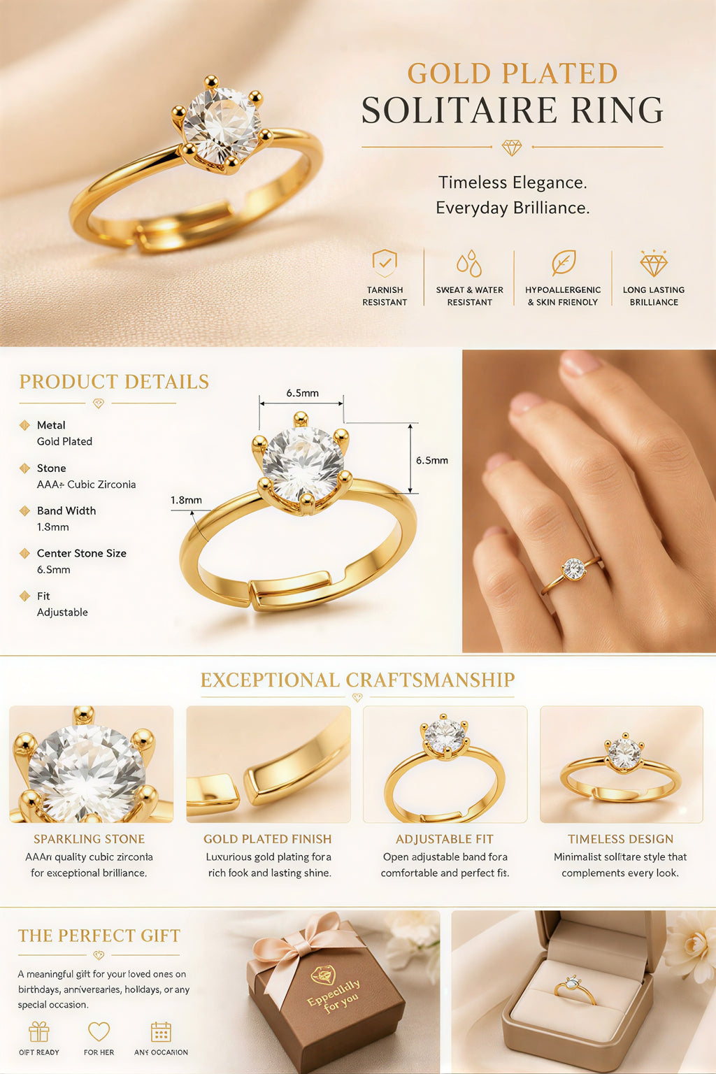 Waterproof Minimal Solitaire Ring for Women