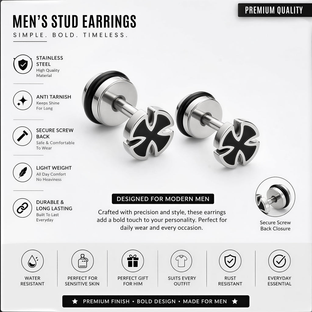 Premium mens black stud earrings modern design stainless steel product display