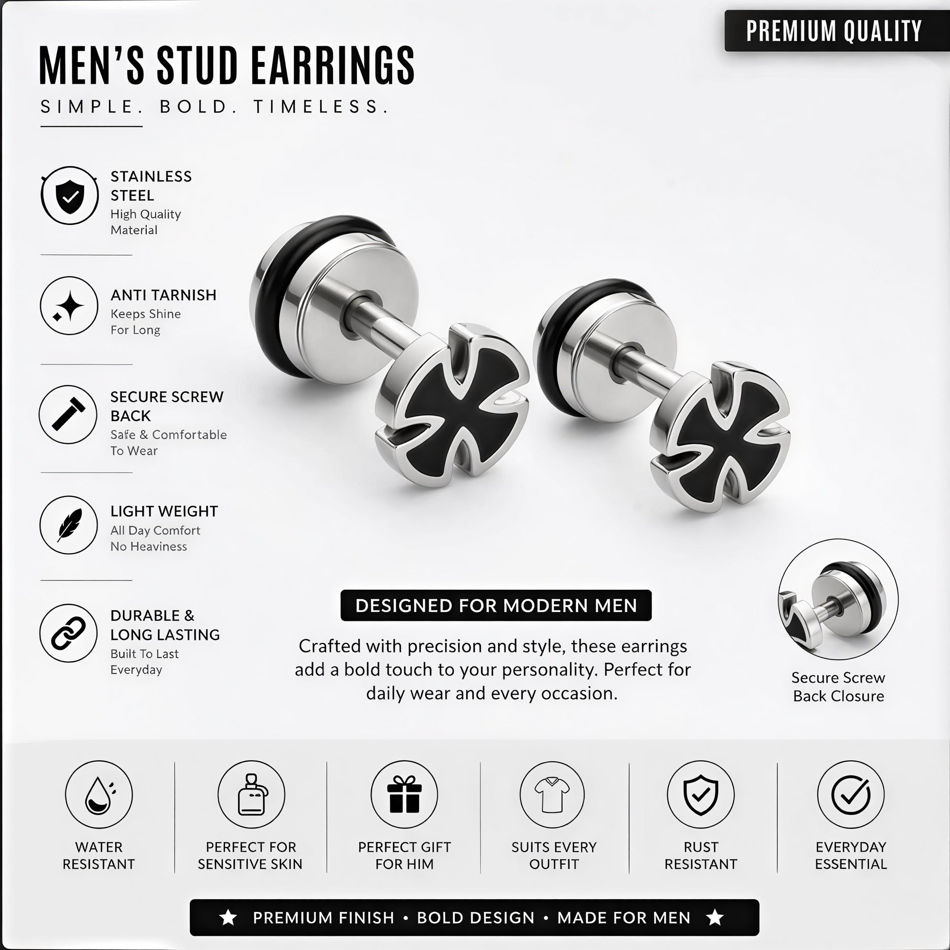Premium mens black stud earrings modern design stainless steel product display