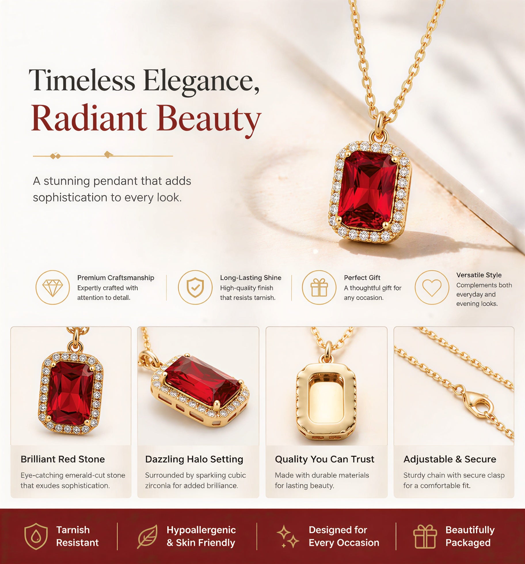 Luxury Gold Plated Red Stone Pendant Necklace for Women | Emerald Cut Ruby Crystal with CZ Diamond Halo - VAYNORA JEWELS