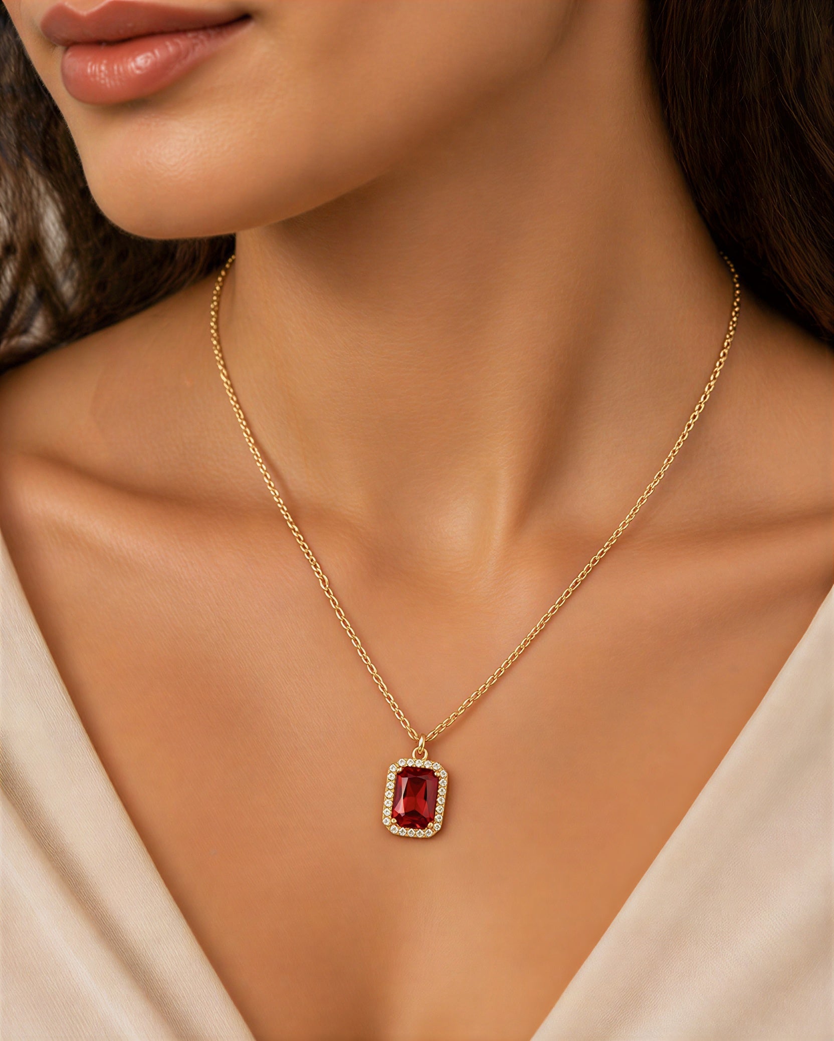 Luxury Gold Plated Red Stone Pendant Necklace for Women | Emerald Cut Ruby Crystal with CZ Diamond Halo - VAYNORA JEWELS