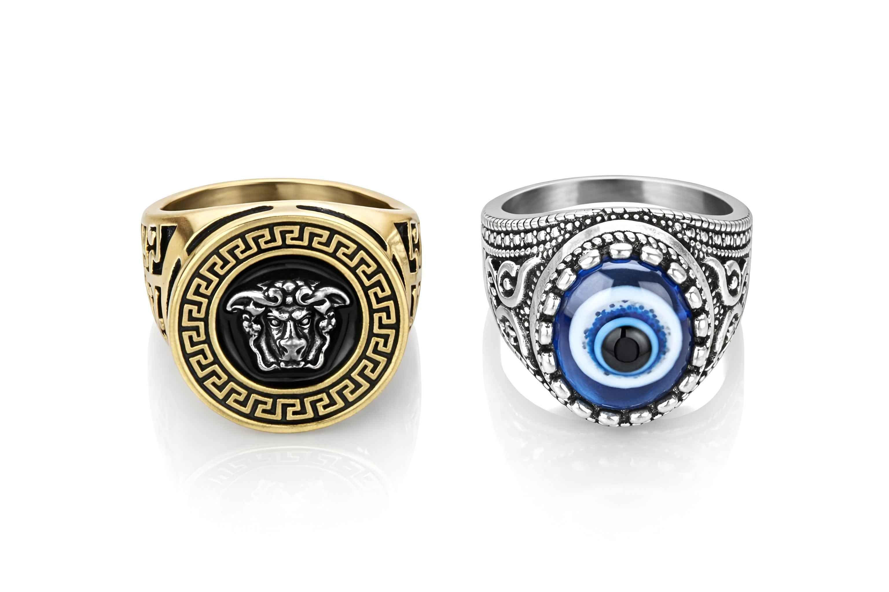 Men’s Stylish Finger Ring Combo Pack of 2 | Gold Medusa Head Ring & Silver Evil Eye Ring | Stainless Steel | Adjustable Size | Fashion Statement Rings for Men & Boys