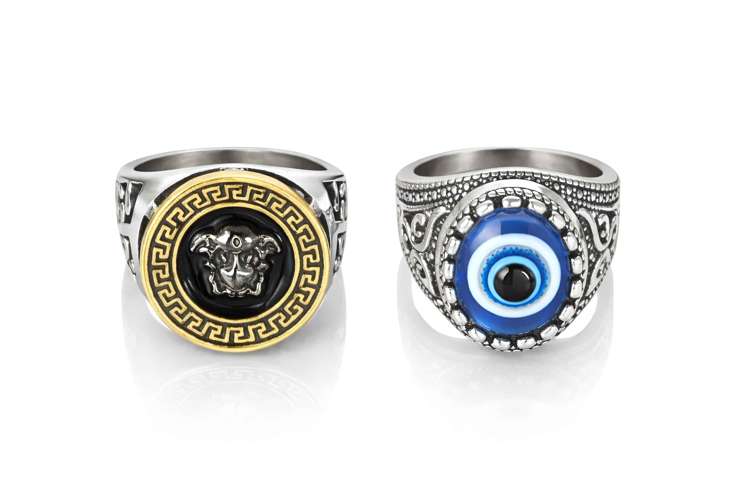 Men Finger Ring Combo Pack of 2 | Medusa Ring & Evil Eye Ring | Stylish Adjustable Rings for Men