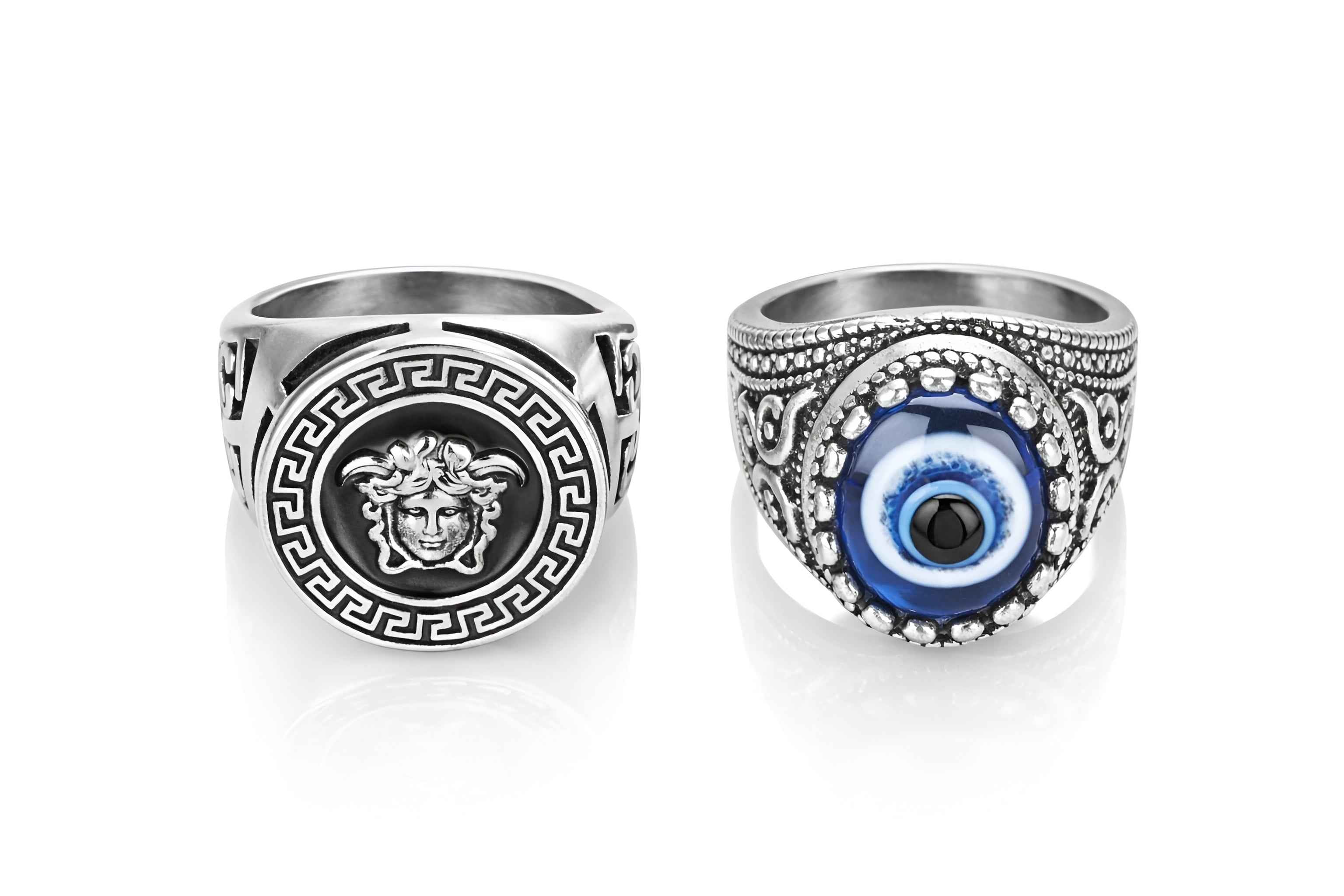 Stylish Men Finger Ring Combo (Pack of 2) – Gold Medusa Design & Silver Evil Eye Ring | Adjustable Stainless Steel Rings for Men