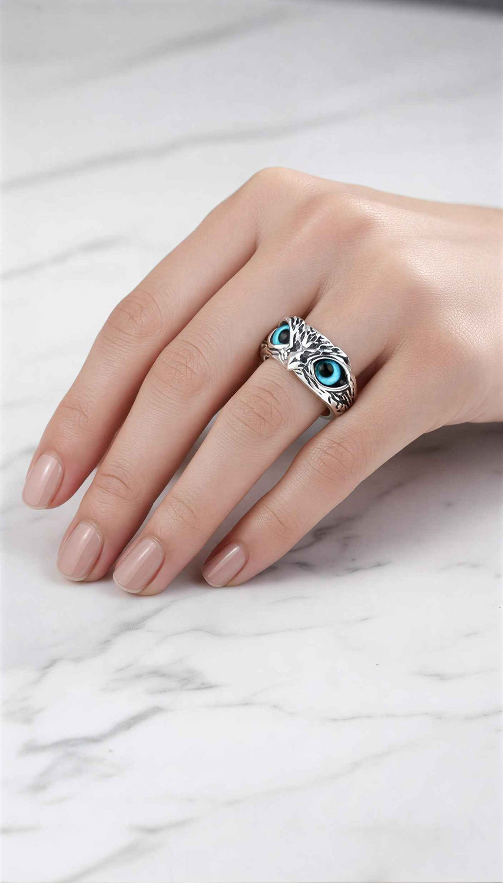 Classy Silver Owl Evil Eye Ring for Men and Women | Adjustable Retro Demon Eye Statement Ring | Oxidized Silver Owl Ring for Luck & Protection