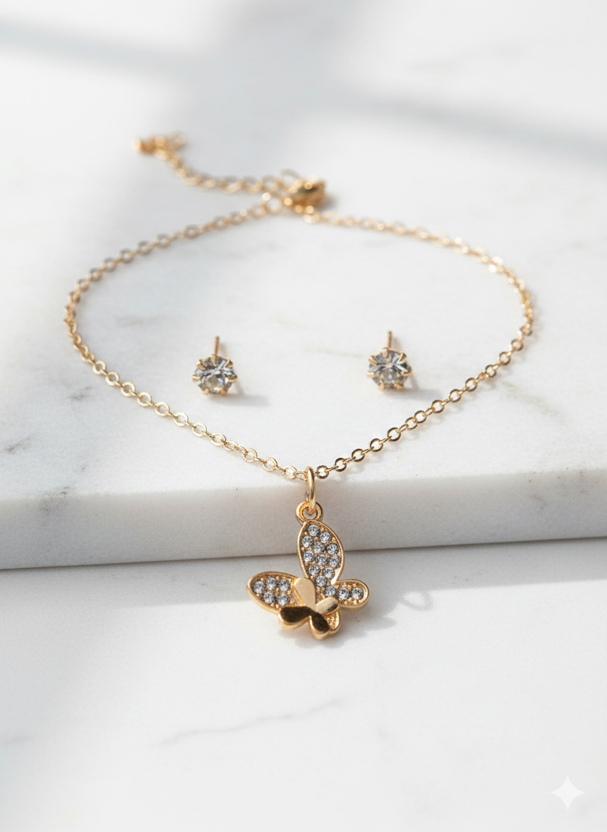 Gold Plated Butterfly Pendant Necklace Set with Stud Earrings for Women | Elegant Crystal Butterfly Jewellery Set | Daily Wear & Party Wear Necklace - VAYNORA JEWELS