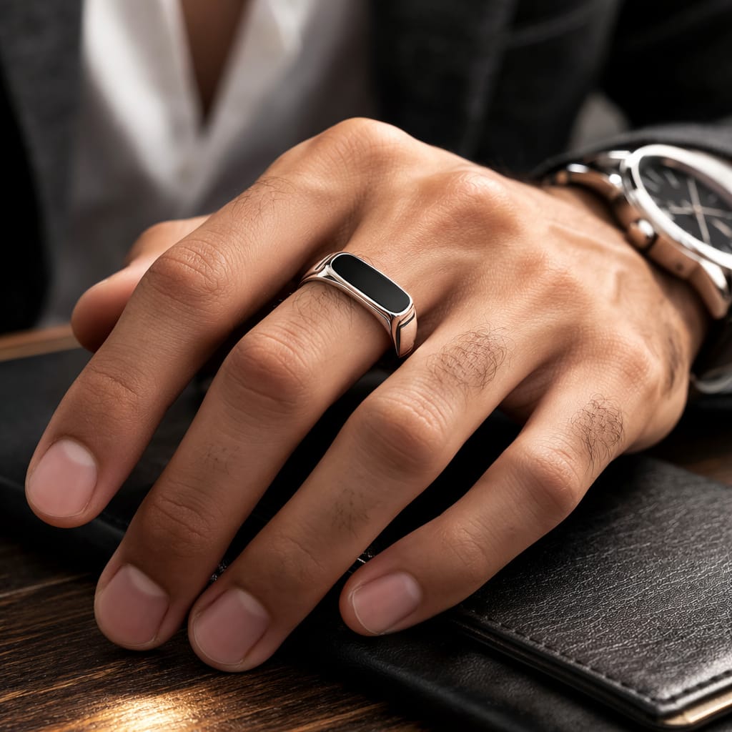 Men’s Stainless Steel Black Onyx Signet Ring –  Waterproof & Scratch Resistant Minimal Band - VAYNORA JEWELS