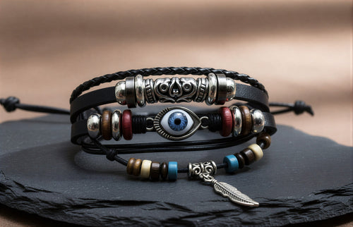 Evil Eye Wrist Band for Men & Kids – Handcrafted Black Leather & Bead Bracelet